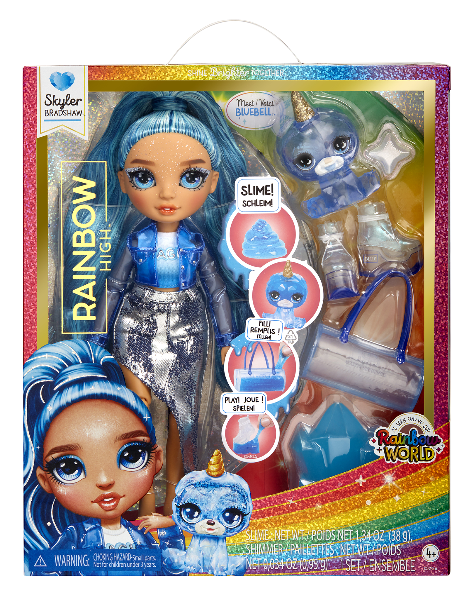 Rainbow high fashion doll con slime  & cucciolo – skyler (blu) - bambola scintillante da 28 cm con slime, animale magico e accessori alla moda - Rainbow High