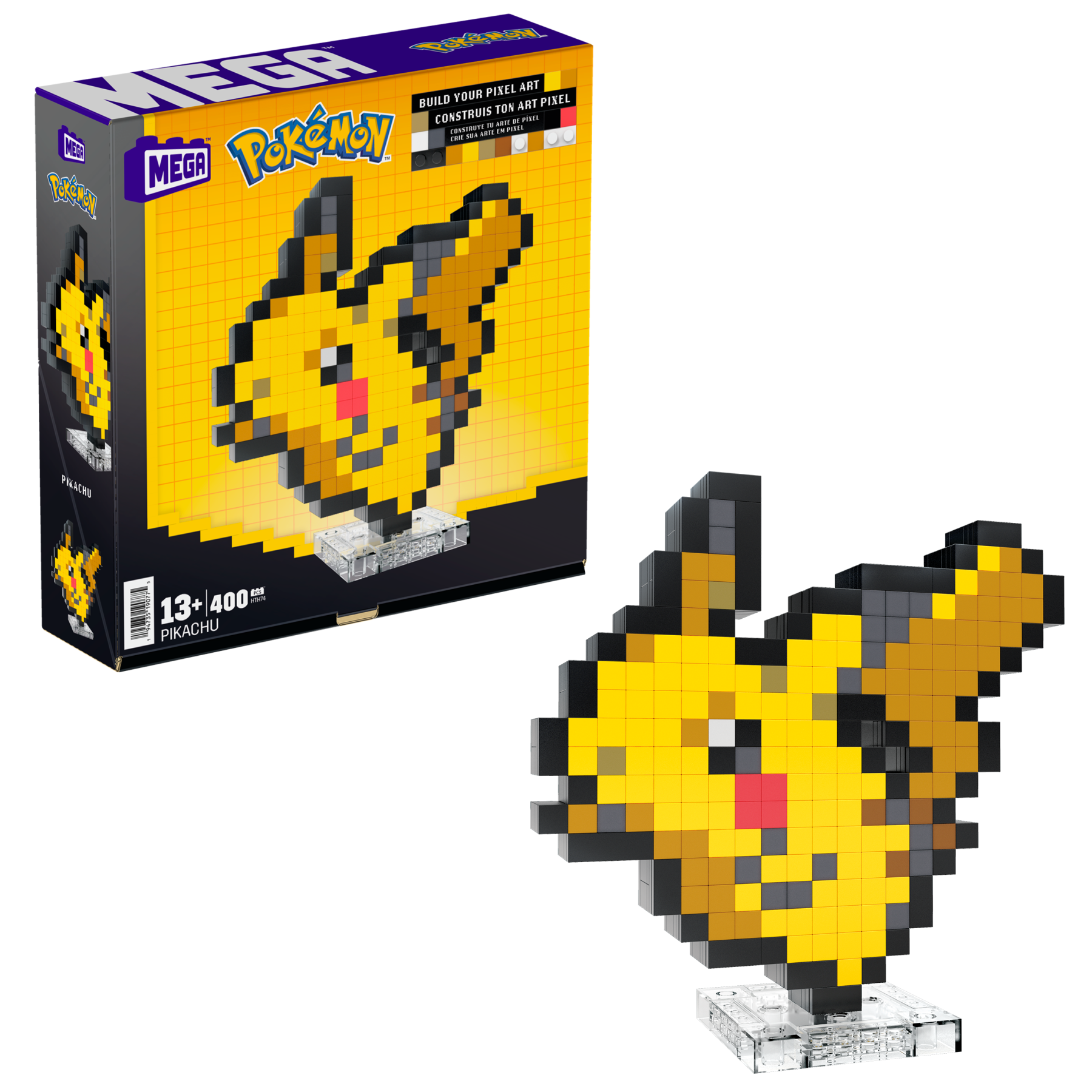 Mega pokémon showcase - pikachu, set in stile retrò pixelato da costruire con 400 pezzi, con base piana per esporlo e incisione sul retro per appenderlo - MEGA BLOKS, POKEMON
