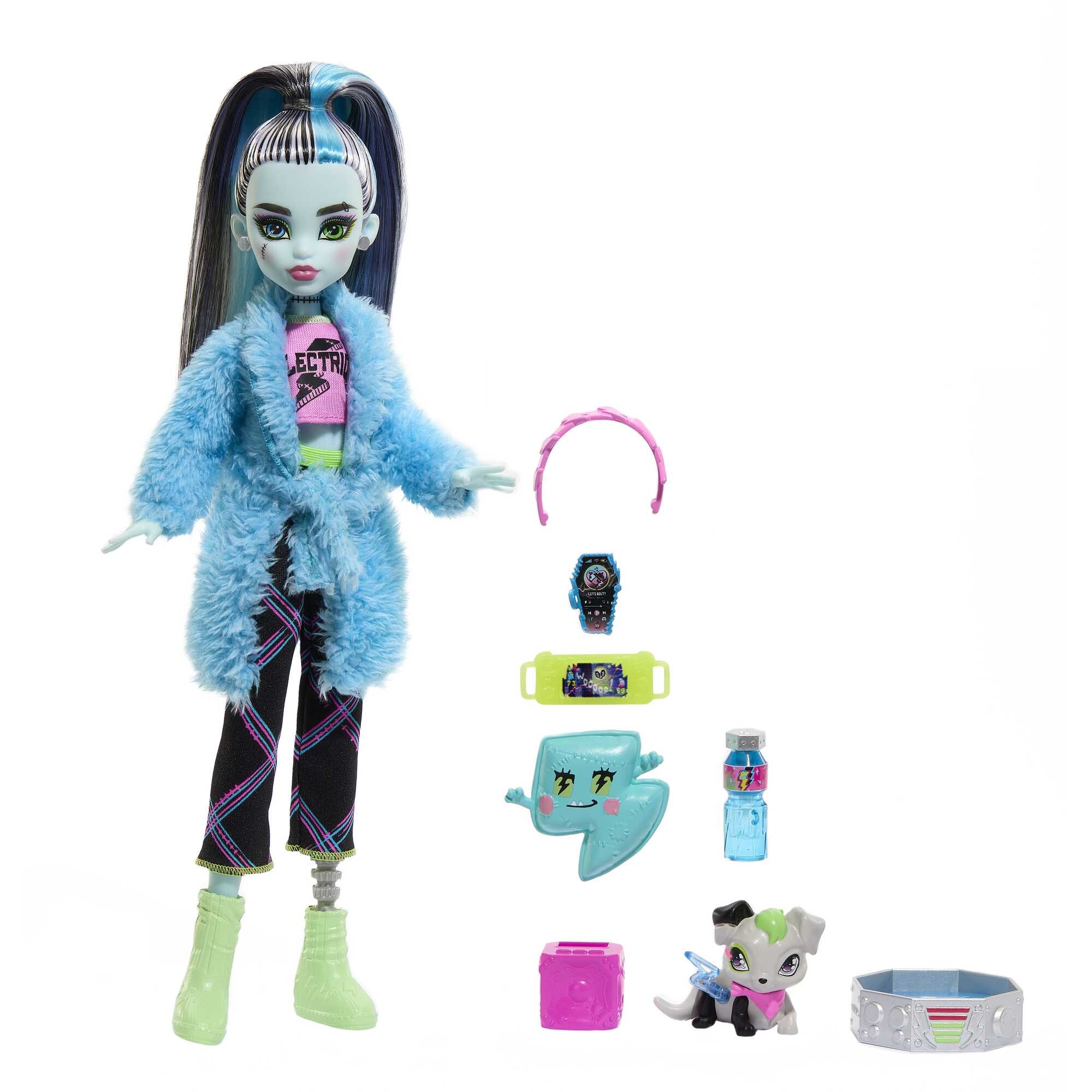 Monster high - frankie stein creepover party, bambola con outfit dettagliato e accessori per il pigiama party, cucciolo watzie incluso - Monster High