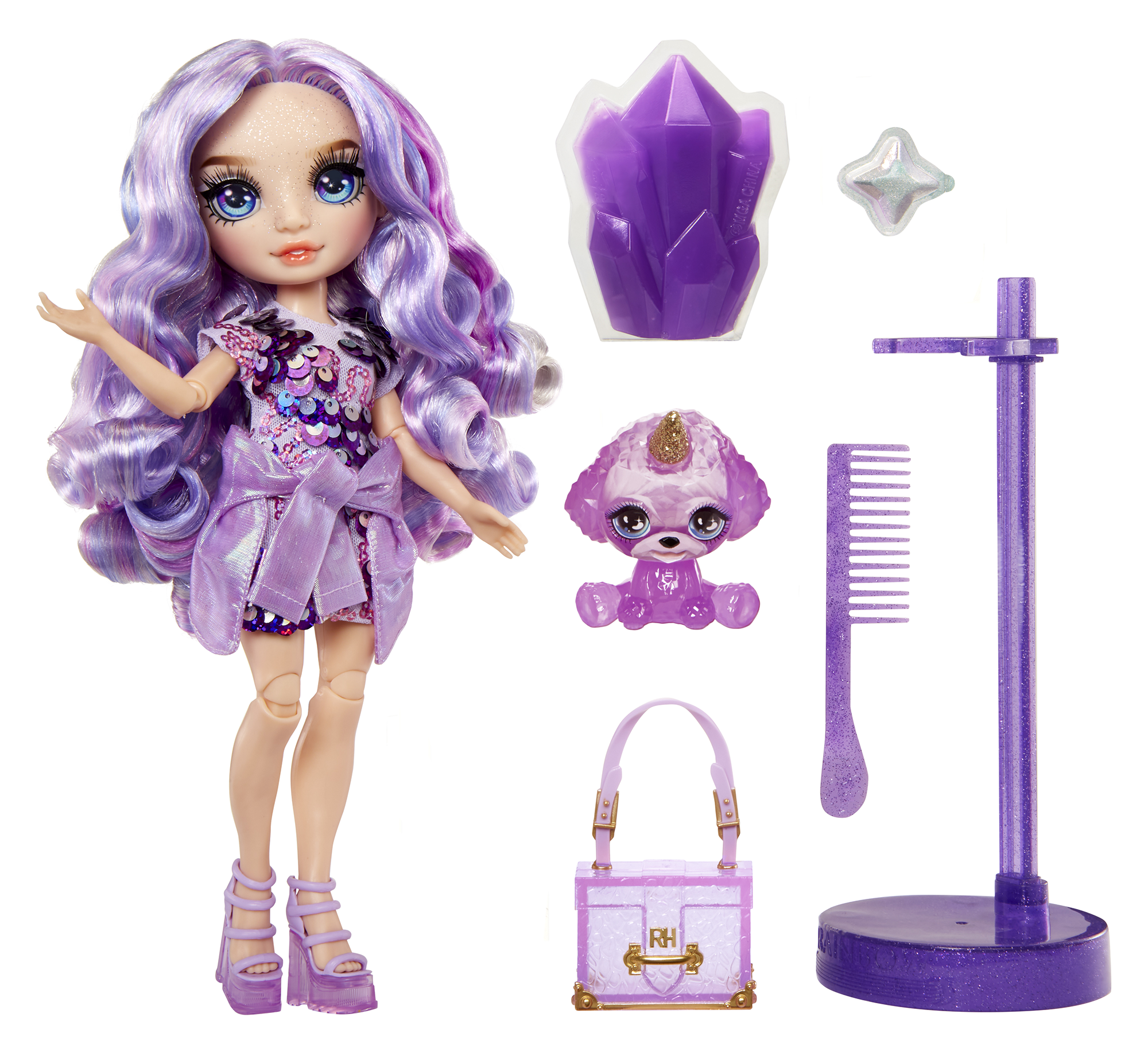 Rainbow high fashion doll con slime & cucciolo – violet (viola) - bambola scintillante da 28 cm con slime, animale magico e accessori alla moda - Rainbow High