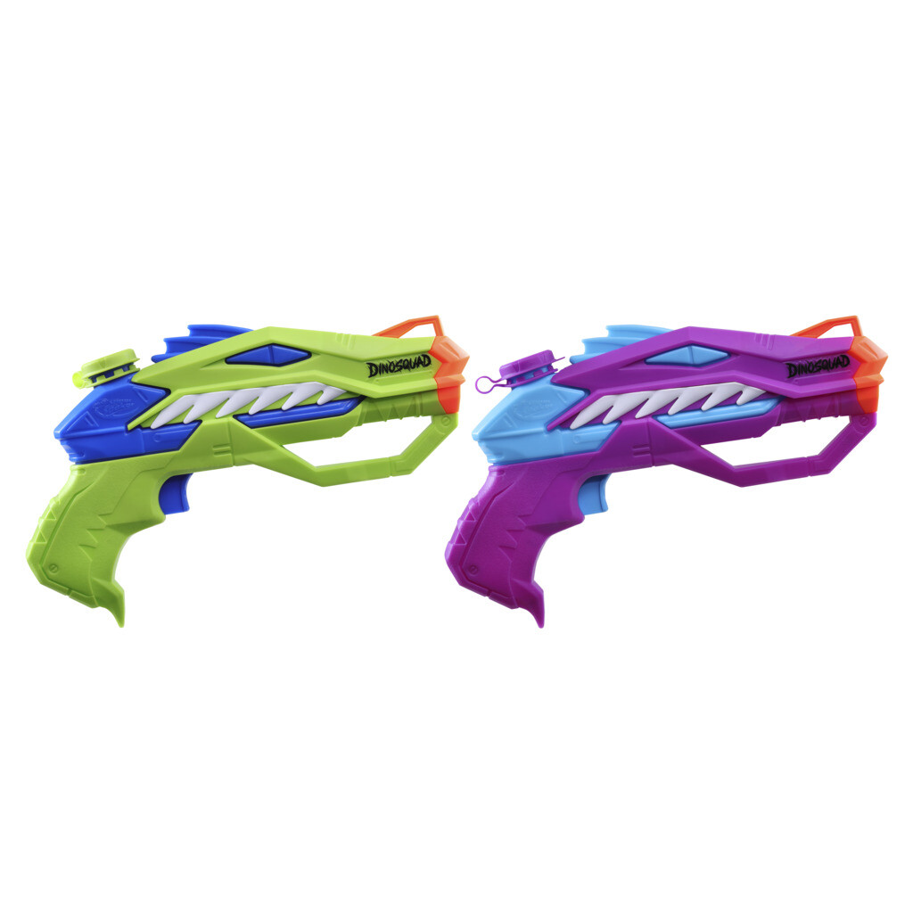 Nerf super soaker - dinosquad, 2 raptor-surge, include 2 soaker con design a forma di dinosauro - NERF