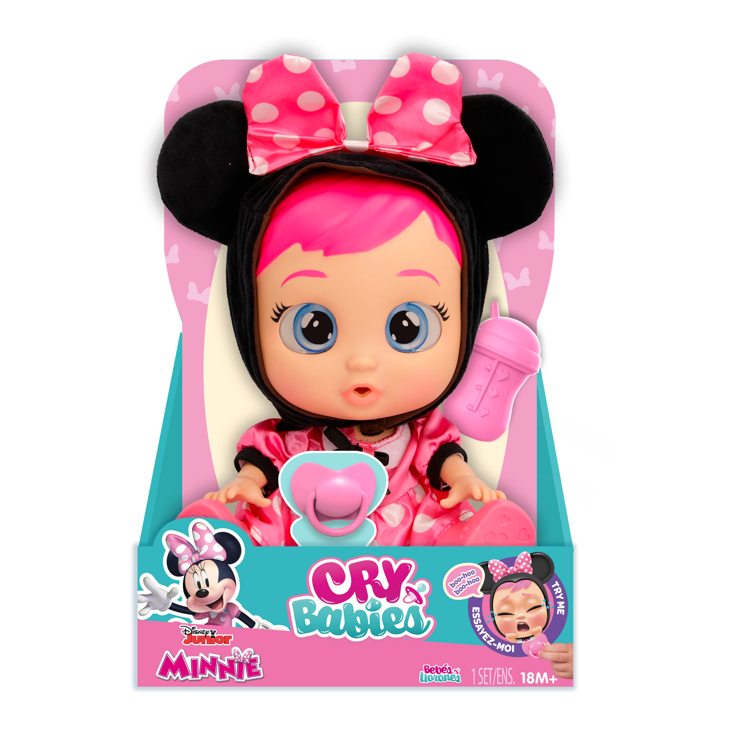 Cry babies disney minnie, bambola che indossa iconico vestito di minnie con ciuccio e biberon e piange lacrime vere - CRY BABIES