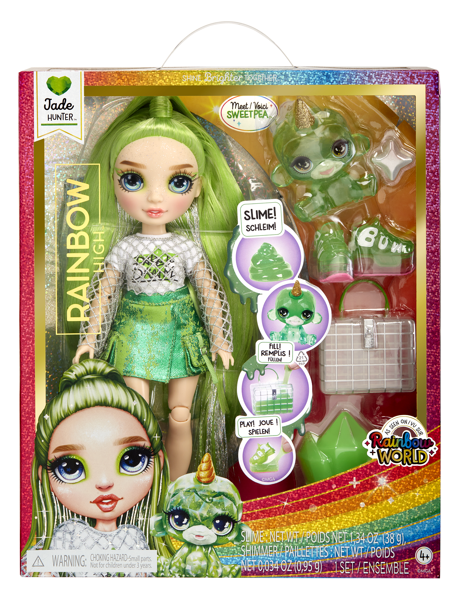 Rainbow high fashion doll con slime  & cucciolo – jade (verde) - bambola scintillante da 28 cm con slime, animale magico e accessori alla moda - Rainbow High