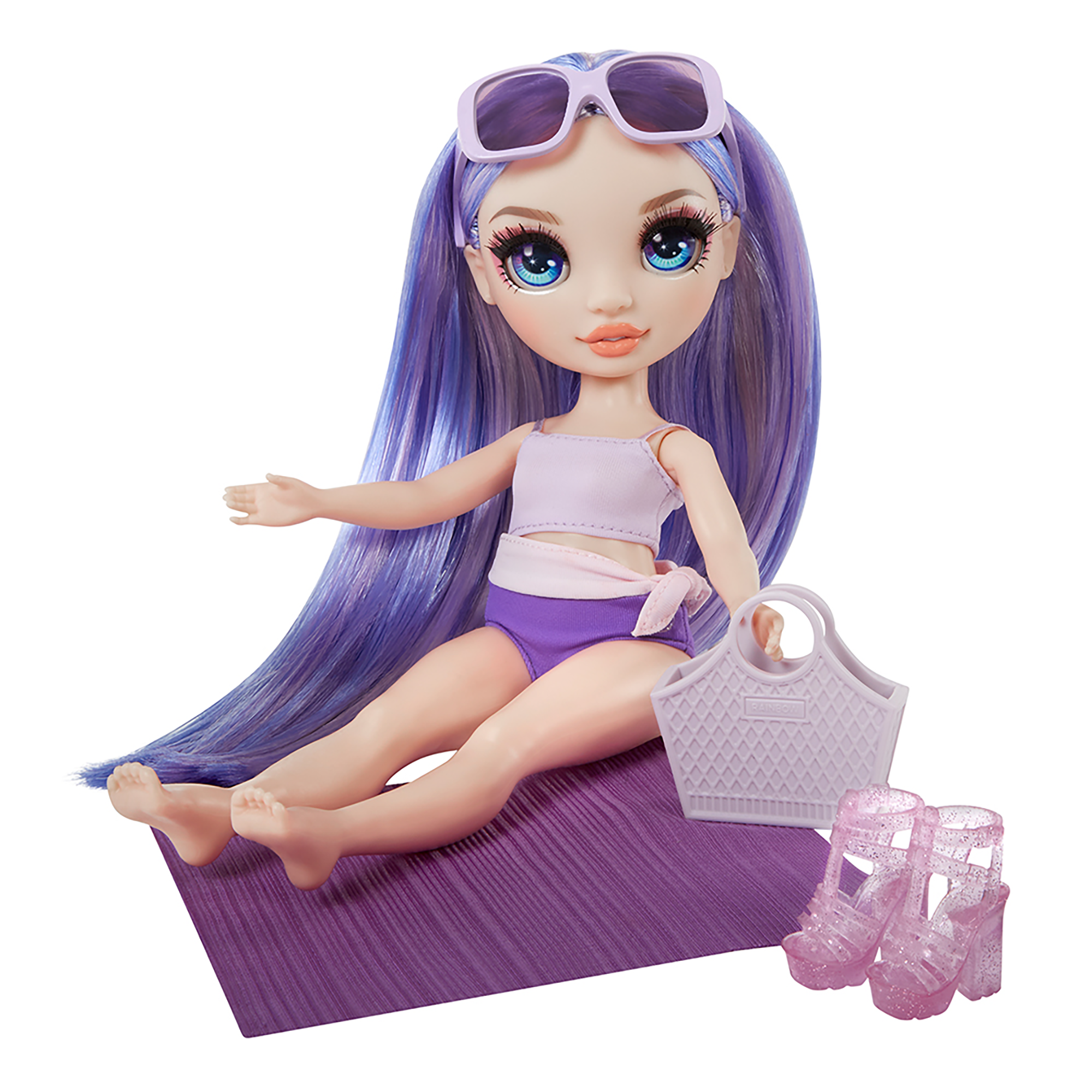 Rainbow high swim & style - violet (viola) - bambola da 28 cm con confezione scintillante e oltre 10 outfit - costume da bagno rimovibile, sandali, accessori divertenti - Rainbow High