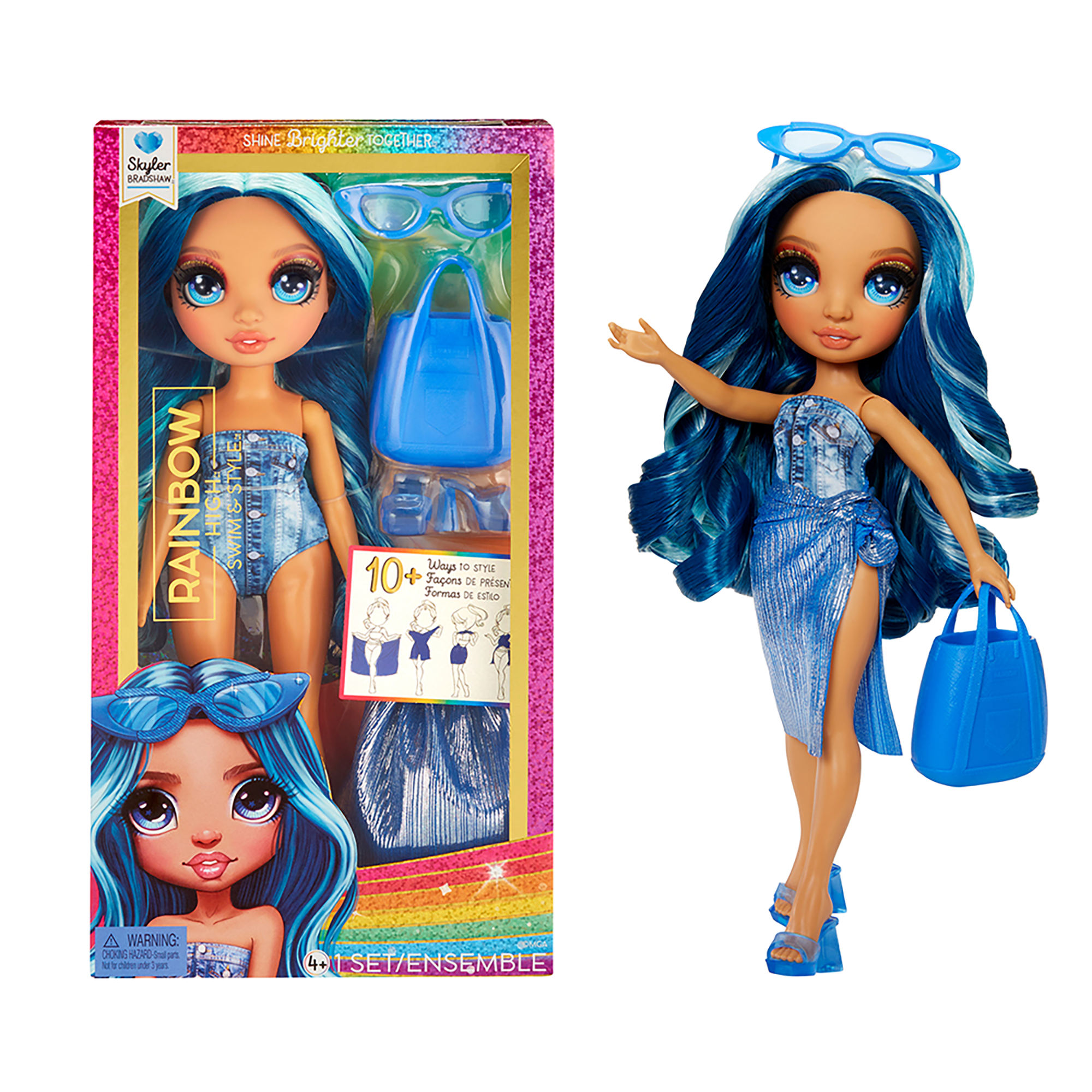 Rainbow high swim & style - skyler (blu) - bambola da 28 cm con confezione scintillante e oltre 10 outfit - costume da bagno rimovibile, sandali, accessori divertenti - Rainbow High