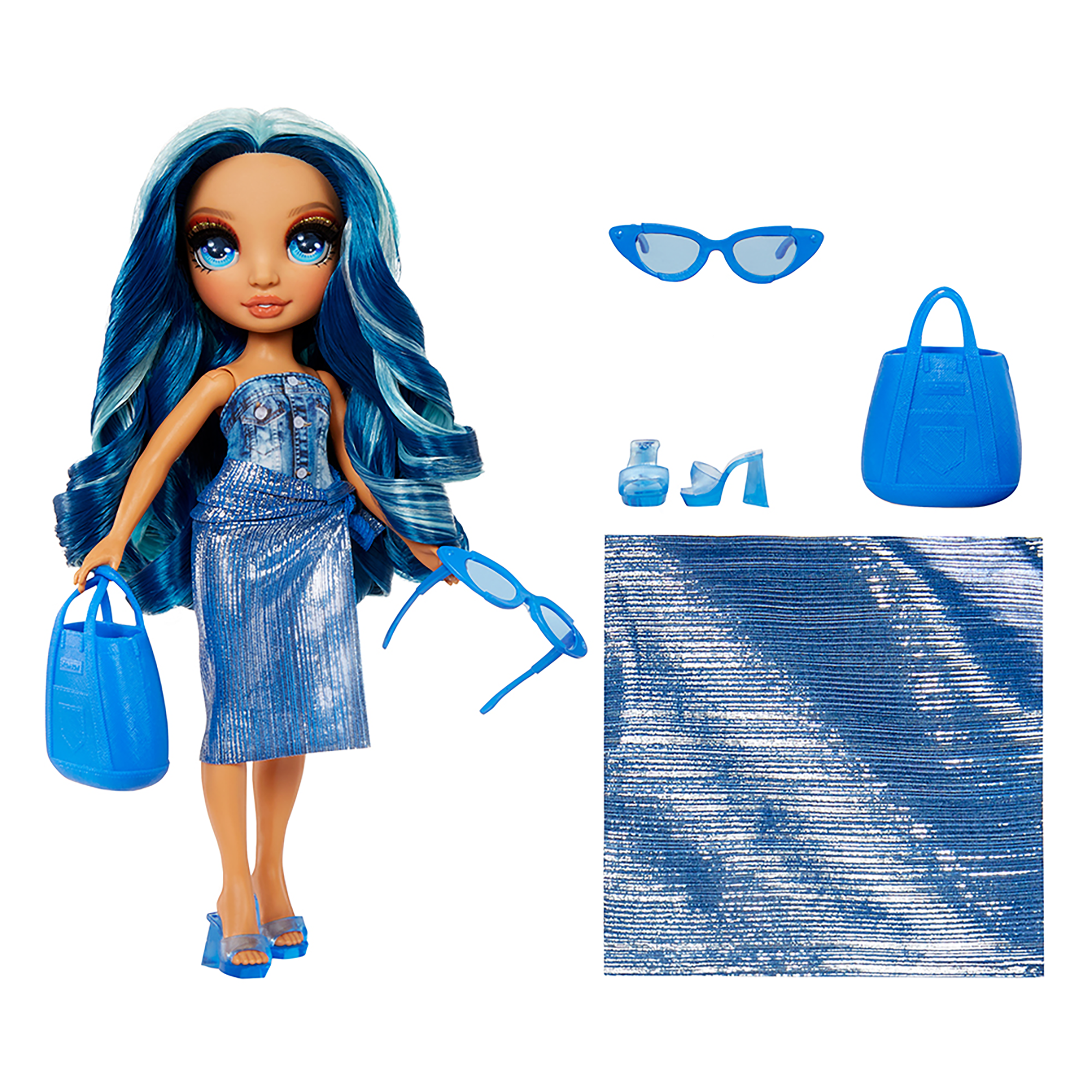 Rainbow high swim & style - skyler (blu) - bambola da 28 cm con confezione scintillante e oltre 10 outfit - costume da bagno rimovibile, sandali, accessori divertenti - Rainbow High