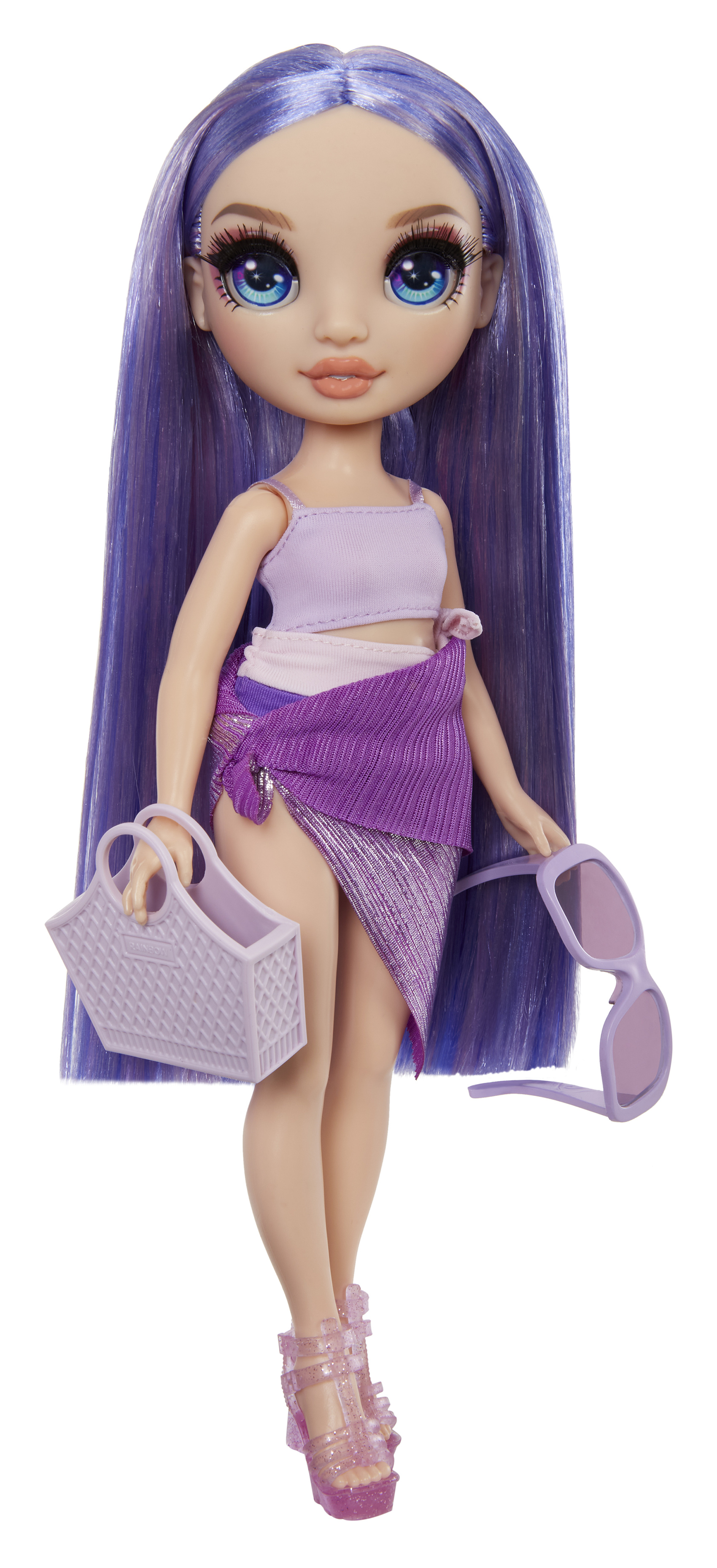 Rainbow high swim & style - violet (viola) - bambola da 28 cm con confezione scintillante e oltre 10 outfit - costume da bagno rimovibile, sandali, accessori divertenti - Rainbow High