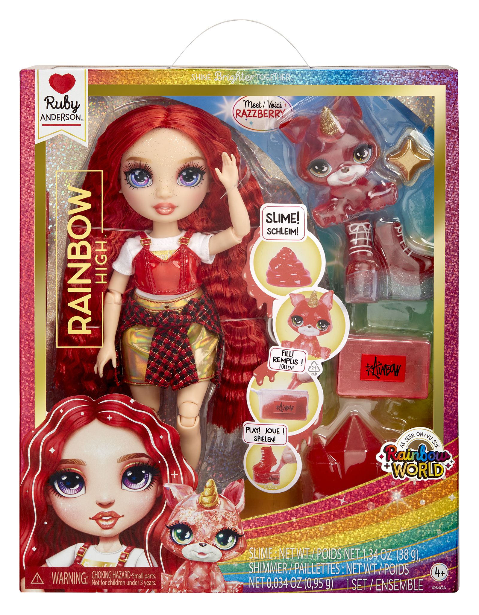 Rainbow high fashion doll con slime  & cucciolo – ruby (rosso) - bambola scintillante da 28 cm con slime, animale magico e accessori alla moda - Rainbow High
