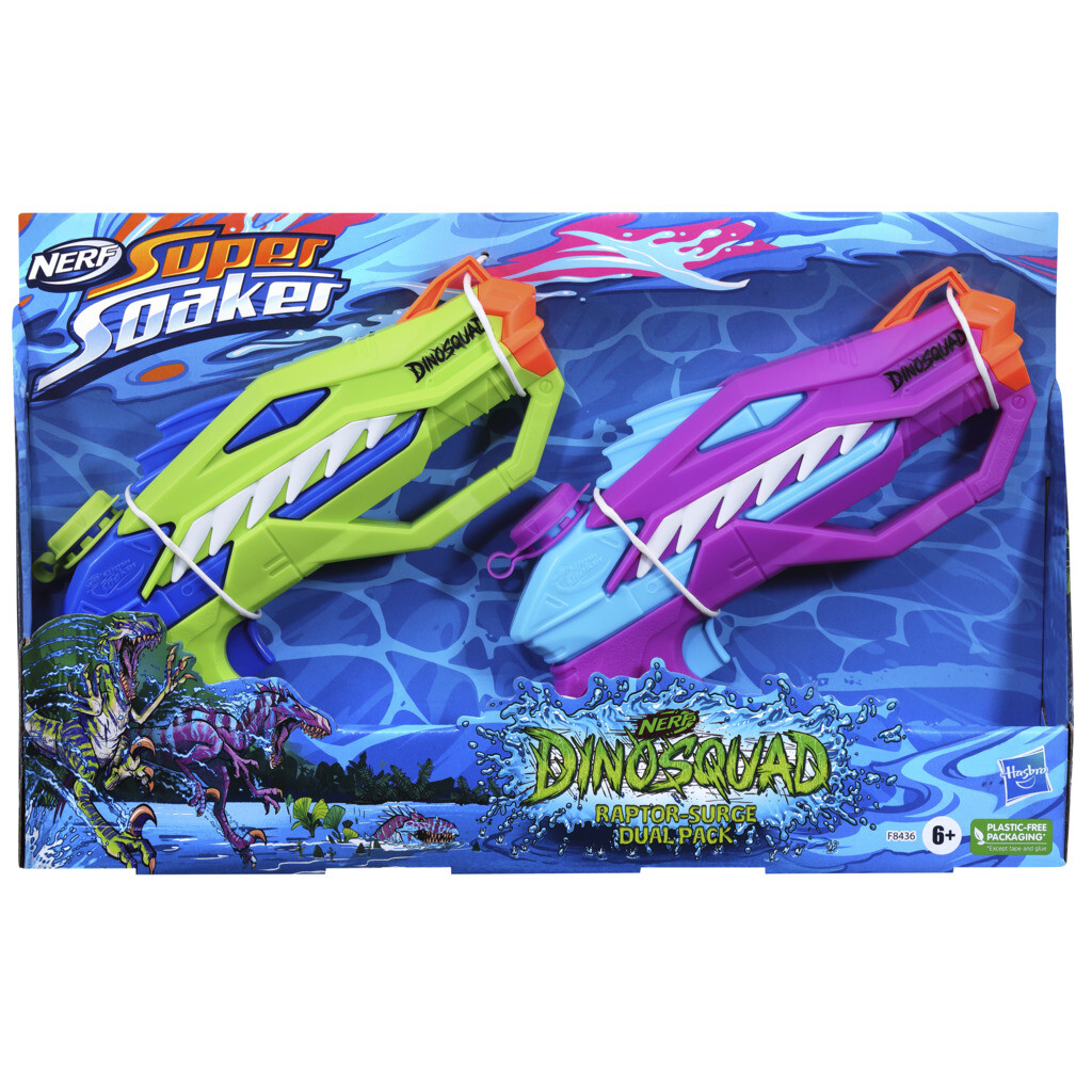 Nerf super soaker - dinosquad, 2 raptor-surge, include 2 soaker con design a forma di dinosauro - NERF