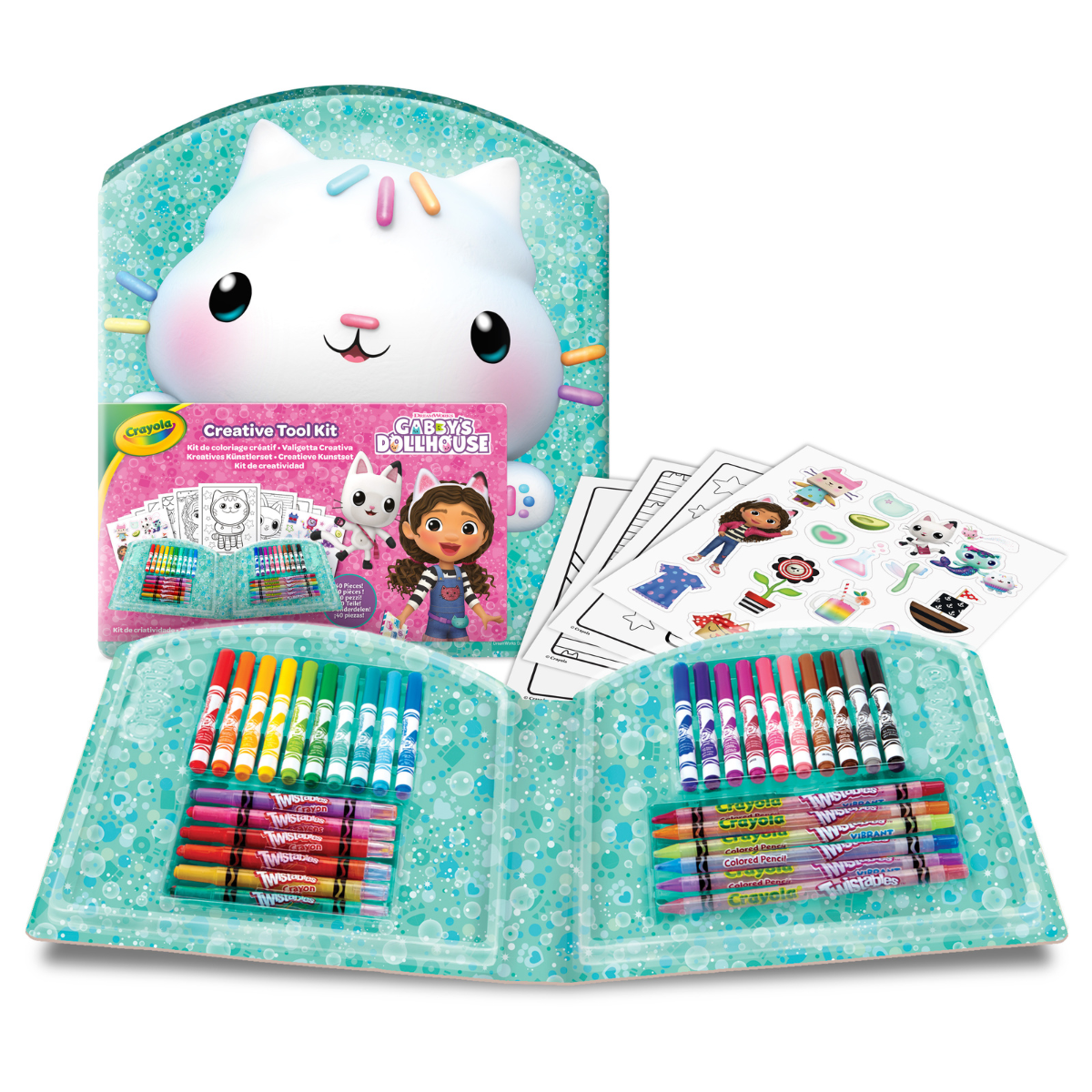 Crayola - valigetta creativa gabby’s dollhouse, 40 pezzi con pennarelli, pastelli a cera, pagine da colorare, adesivi, idea regalo e attività creativa per bambini da 5 anni - CRAYOLA
