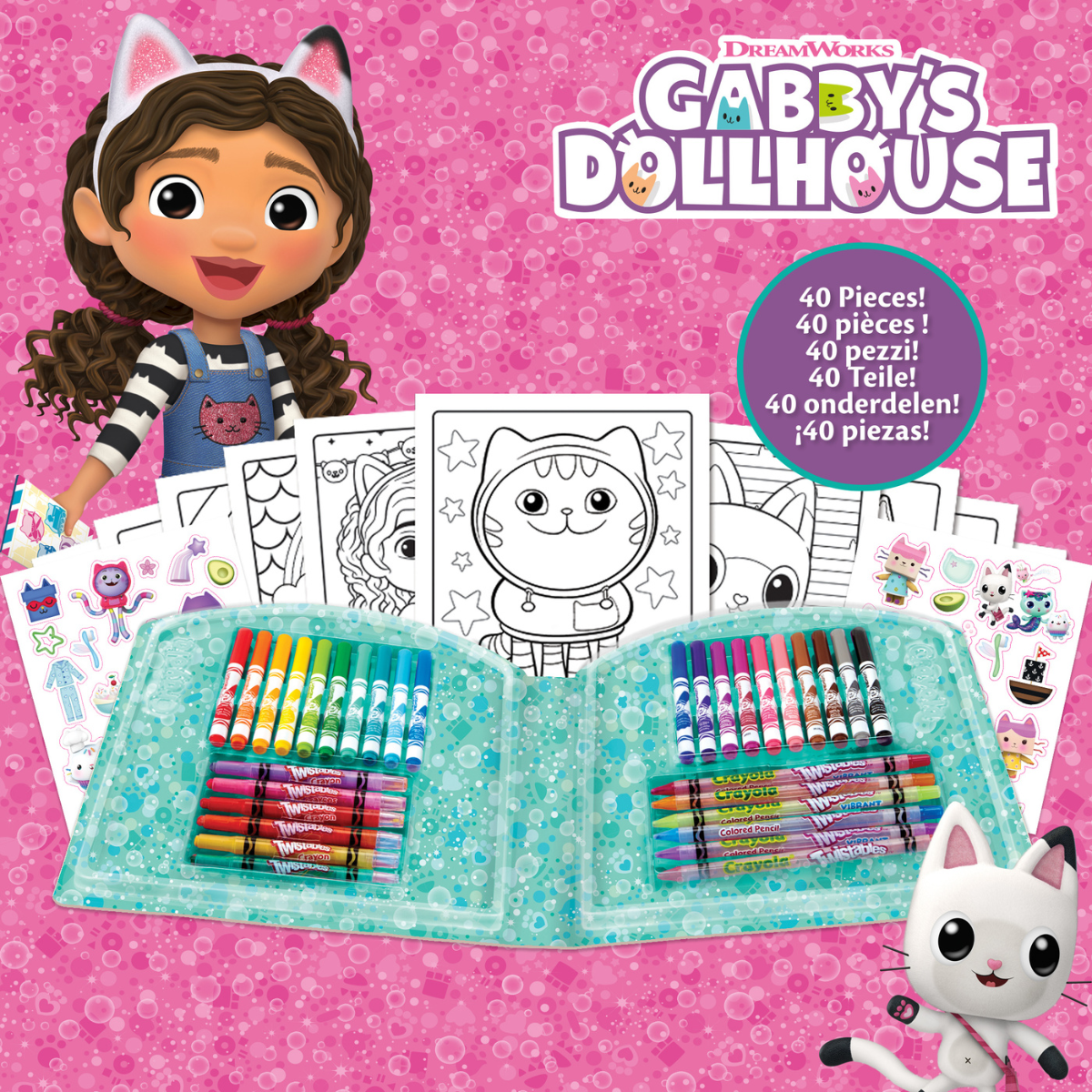 Crayola - valigetta creativa gabby’s dollhouse, 40 pezzi con pennarelli, pastelli a cera, pagine da colorare, adesivi, idea regalo e attività creativa per bambini da 5 anni - CRAYOLA