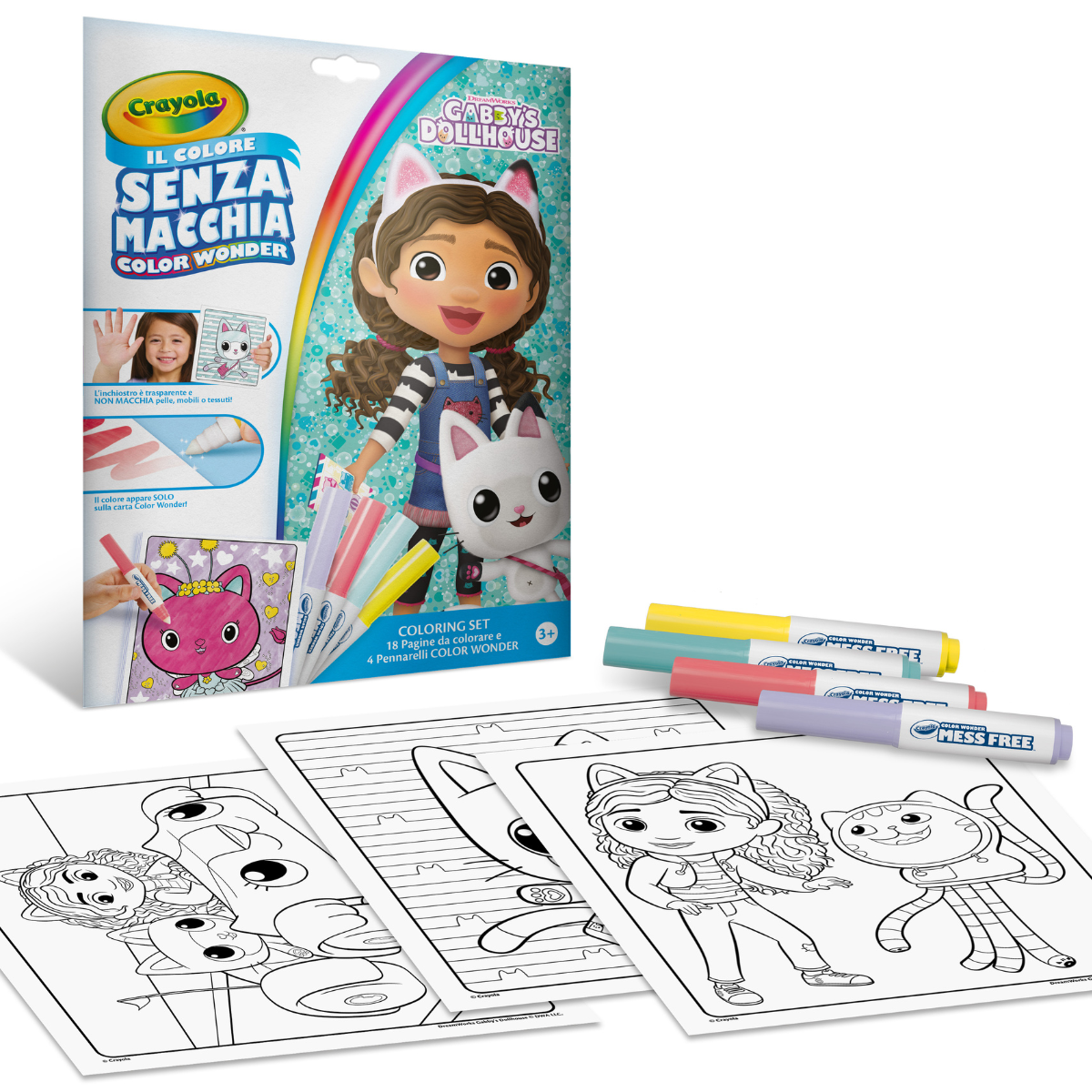 Crayola color wonder - coloring set con 18 pagine da colorare e 4 pennarelli senza macchia, soggetto gabby's dollhouse, attività creativa per bambini da 3 anni - CRAYOLA