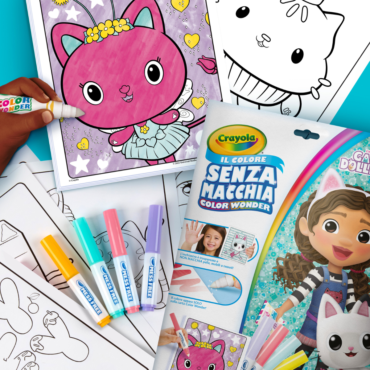 Crayola color wonder - coloring set con 18 pagine da colorare e 4 pennarelli senza macchia, soggetto gabby's dollhouse, attività creativa per bambini da 3 anni - CRAYOLA