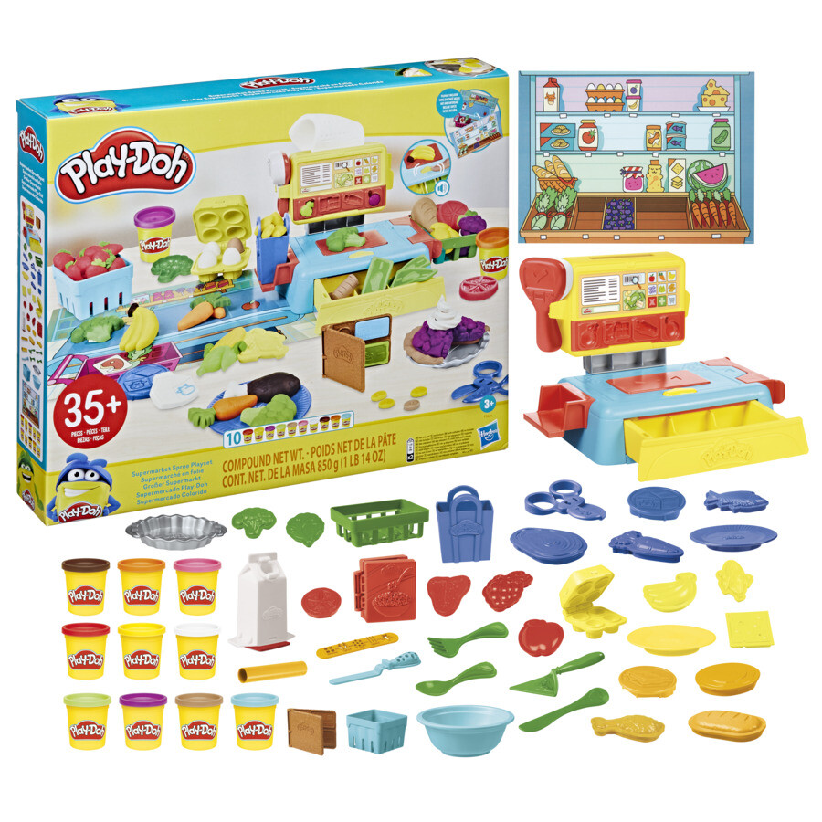 Play-doh, il supermercato, playset con registratore di cassa, tappetino da gioco, 37 strumenti e 10 vasetti di pasta modellabile, per bambini dai 3 anni in su - PLAY-DOH