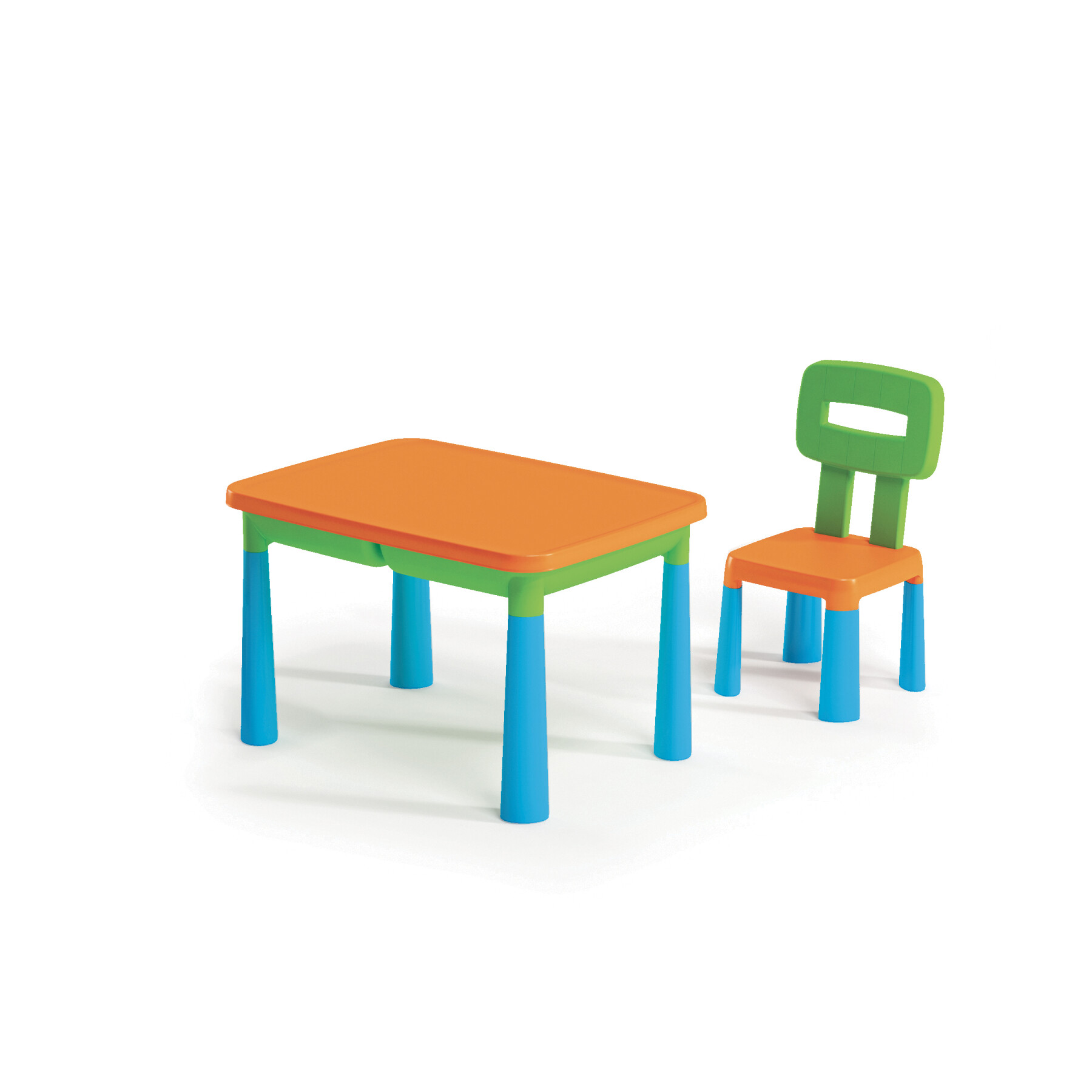 Tavolo e sedia multicolor azzurro, arancione, verde. - 