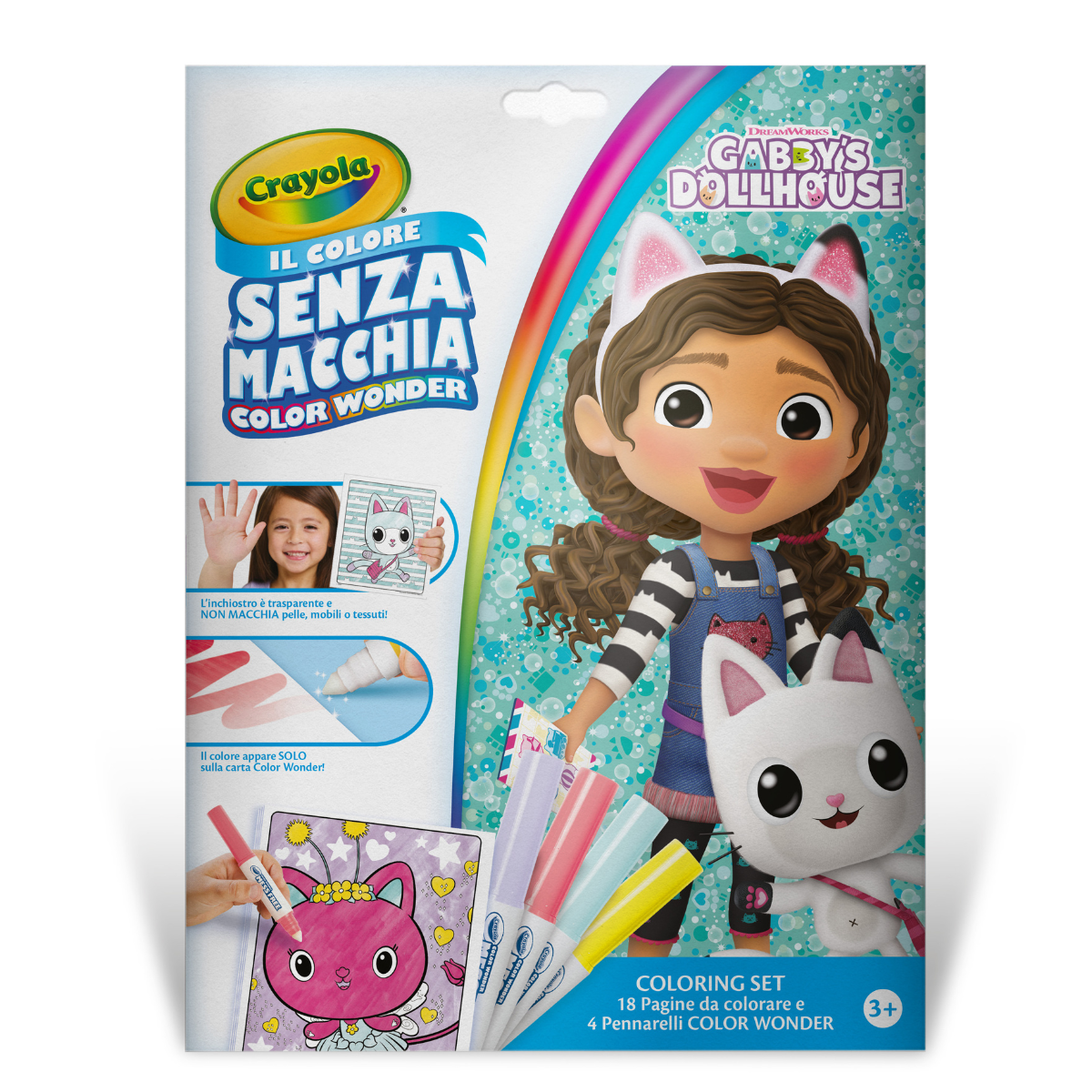 Crayola color wonder - coloring set con 18 pagine da colorare e 4 pennarelli senza macchia, soggetto gabby's dollhouse, attività creativa per bambini da 3 anni - CRAYOLA