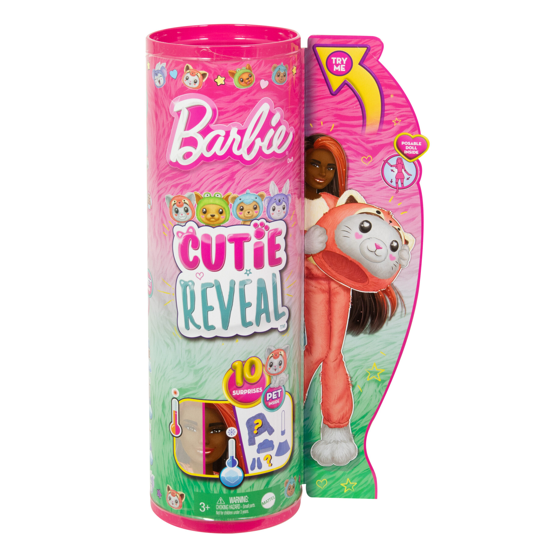 Barbie cutie reveal - bambola con costume di peluche da gattino-panda rosso e 10 accessori a sorpresa cambia colore, serie amici cuccioli - Barbie