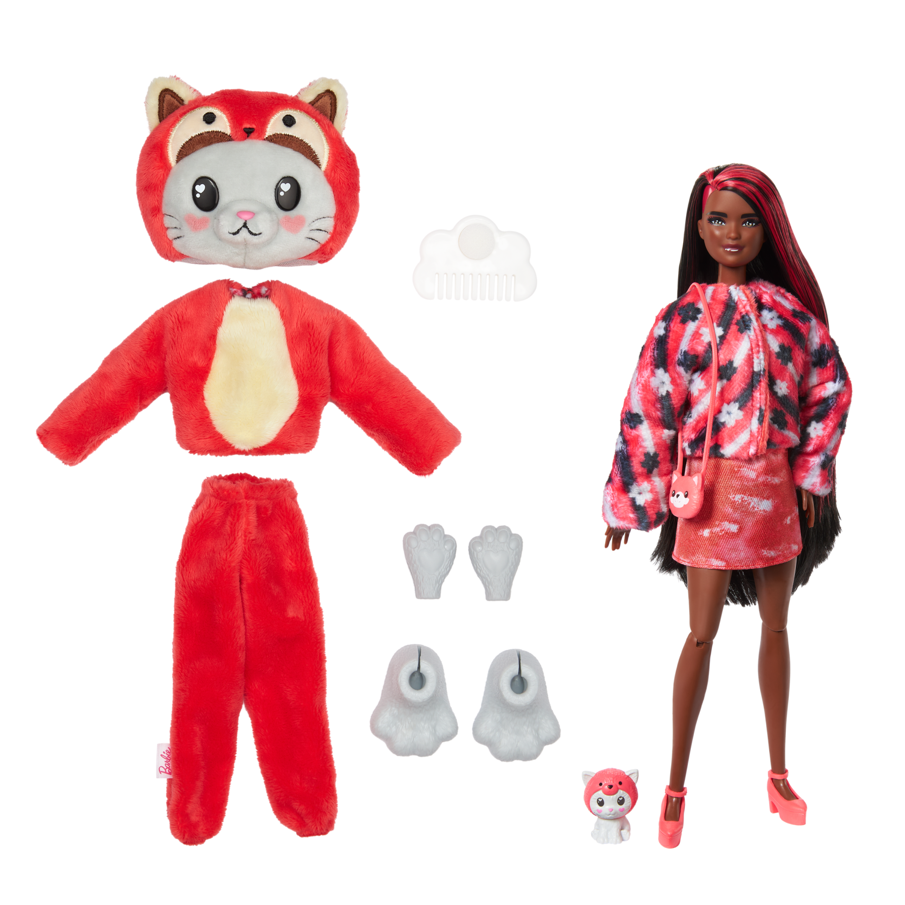 Barbie cutie reveal - bambola con costume di peluche da gattino-panda rosso e 10 accessori a sorpresa cambia colore, serie amici cuccioli - Barbie
