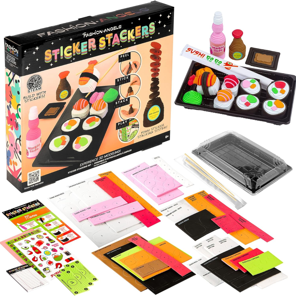 Fashion angels - sticker stackers set sushi, adesivi in ​​schiuma per creare in 3d, cibo giocattolo per bambini, gioco stem, attività creativa, da 8 anni, f13194 - CRAYOLA