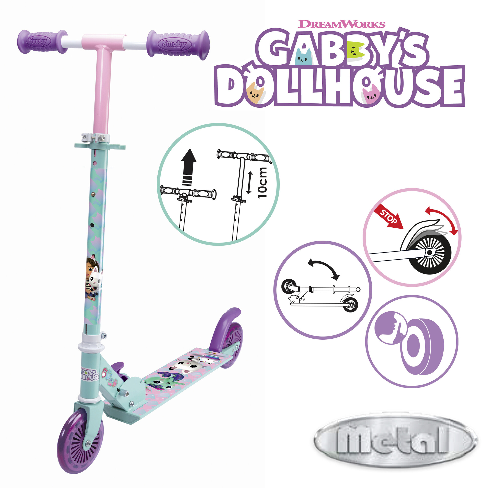 Smoby - monopattino 2 ruote di gabby's dollhouse con manubrio regolabile - GABBY'S DOLLHOUSE, SMOBY