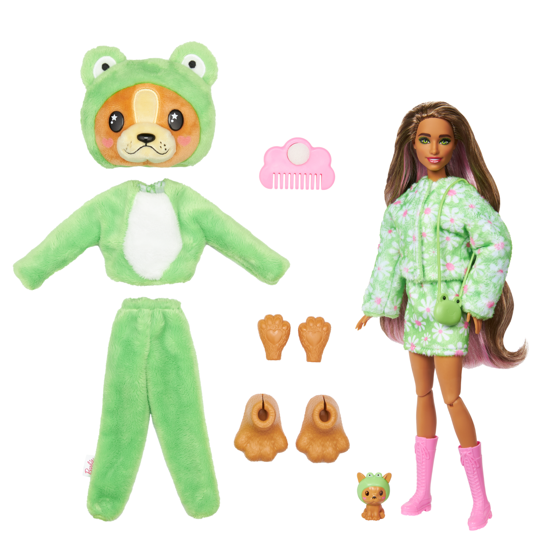 Barbie cutie reveal - bambola con costume di peluche da cagnolino-rana e 10 accessori a sorpresa cambia colore, serie amici cuccioli - Barbie
