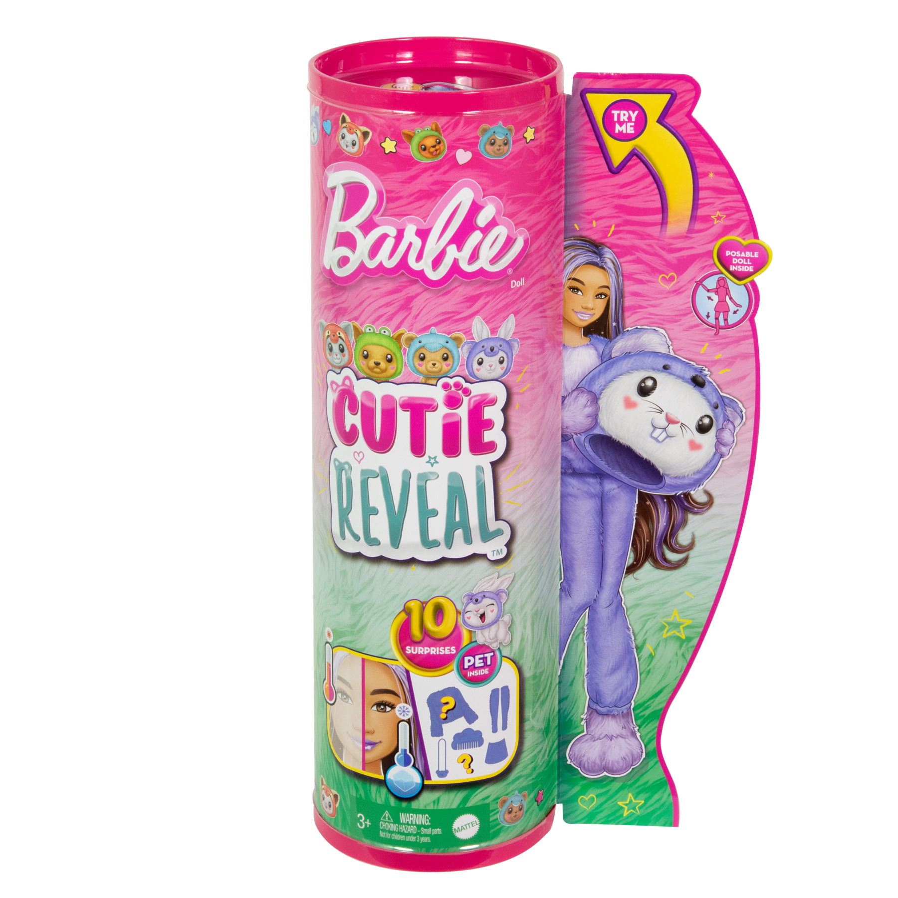 Barbie cutie reveal - bambola con costume di peluche da coniglietto-koala e 10 accessori a sorpresa cambia colore, serie amici cuccioli - Barbie