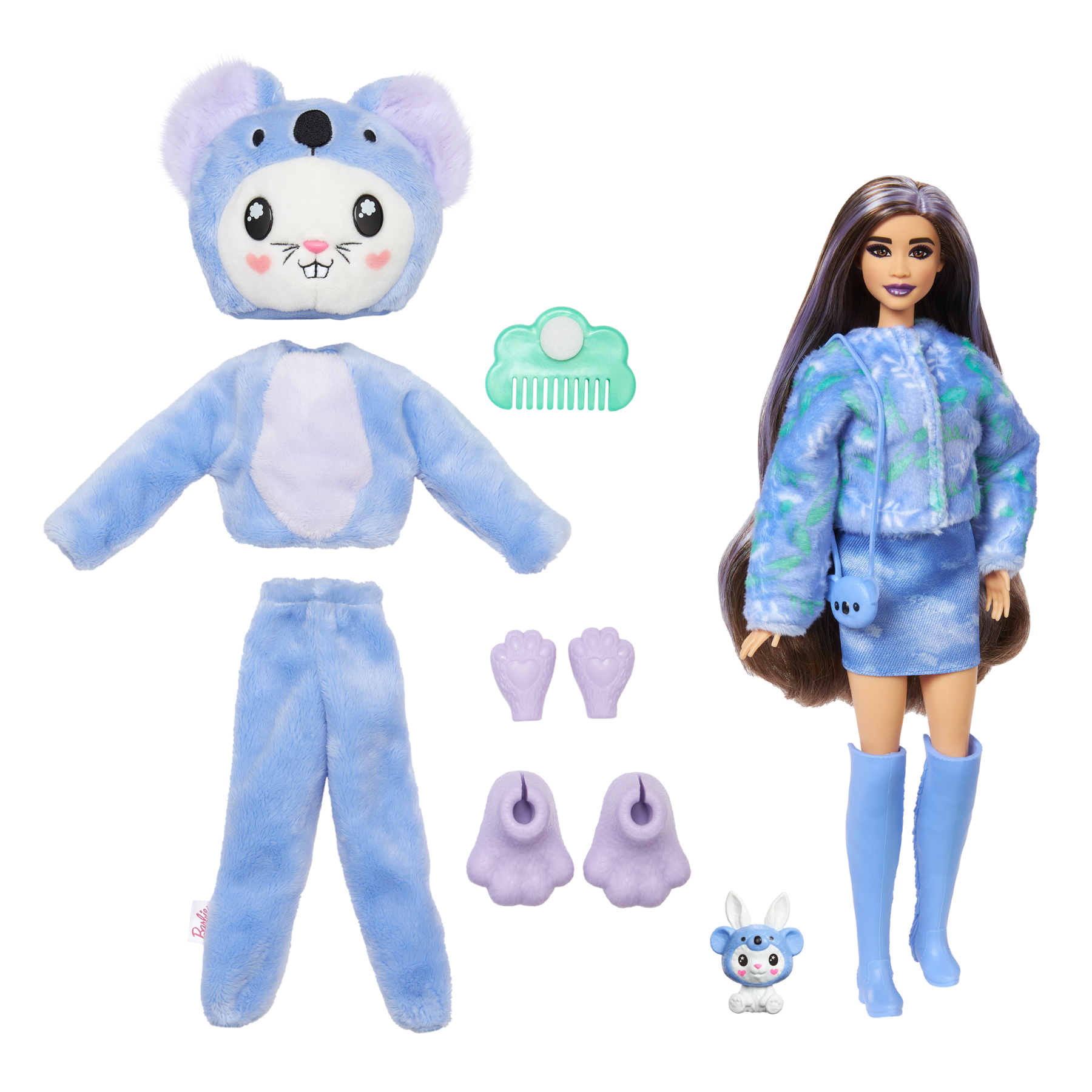 Barbie cutie reveal - bambola con costume di peluche da coniglietto-koala e 10 accessori a sorpresa cambia colore, serie amici cuccioli - Barbie
