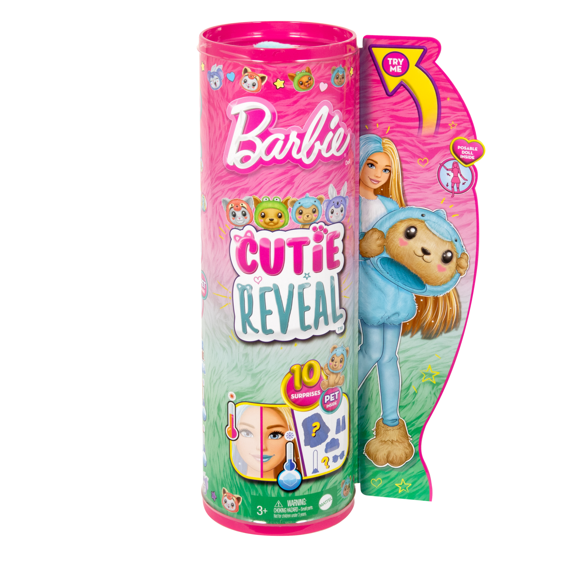 Barbie cutie reveal - bambola con costume di peluche da orsacchiotto-delfino e 10 accessori a sorpresa cambia colore, serie amici cuccioli - Barbie