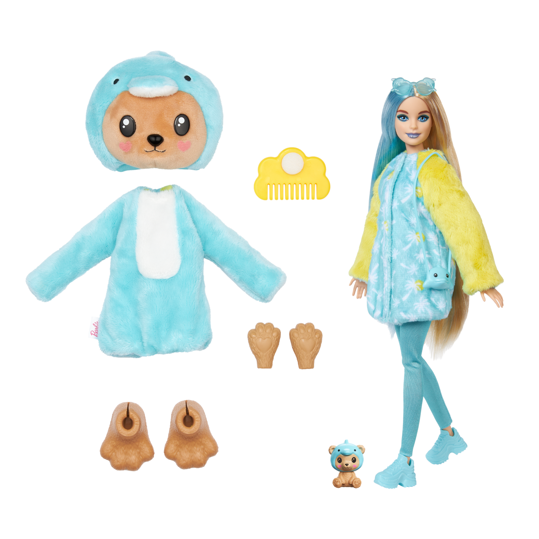 Barbie cutie reveal - bambola con costume di peluche da orsacchiotto-delfino e 10 accessori a sorpresa cambia colore, serie amici cuccioli - Barbie