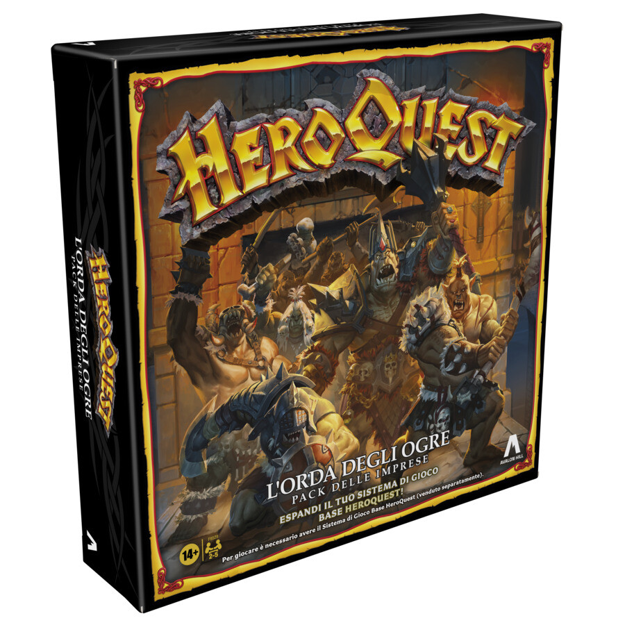 Avalon hill, heroquest, pack delle imprese l'orda degli ogre, dai 14 anni in su, da 2 a 5 giocatori, per giocare è necessario avere il sistema di gioco base heroquest - 