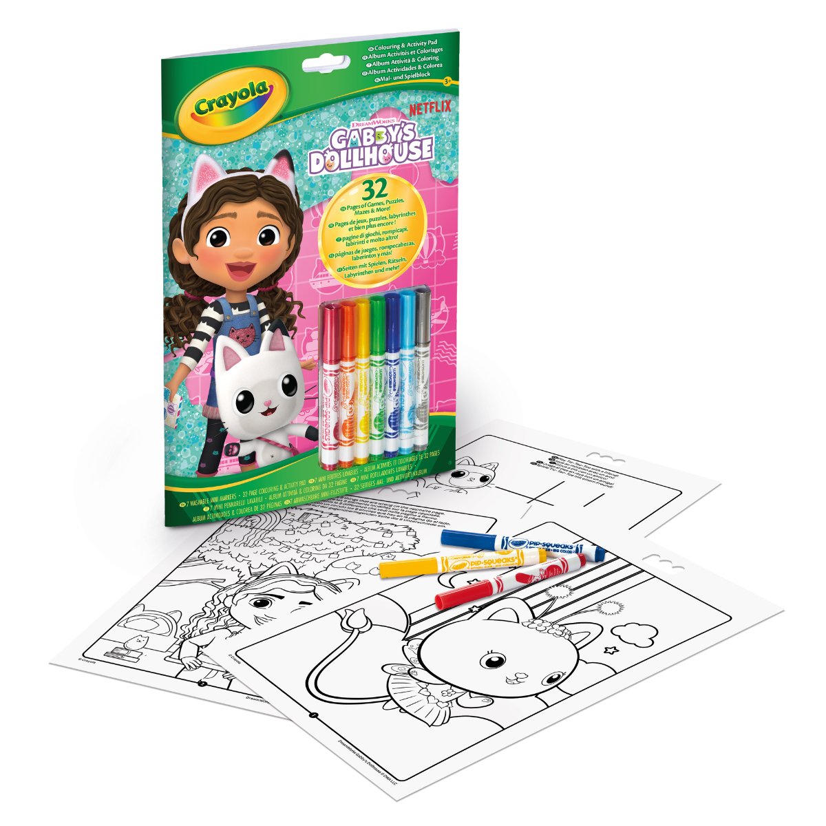 Crayola - album da colorare con attività & coloring gabby's dollhouse, 32 pagine da colorare e 7 mini pennarelli lavabili - CRAYOLA