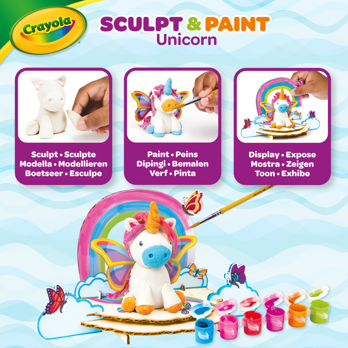 Crayola - modella & dipingi il tuo unicorno, argilla modellabile autoindurente, con tempere e accessori per decorare, attività creativa e regalo per bambini e bambine, da 5 anni - CRAYOLA