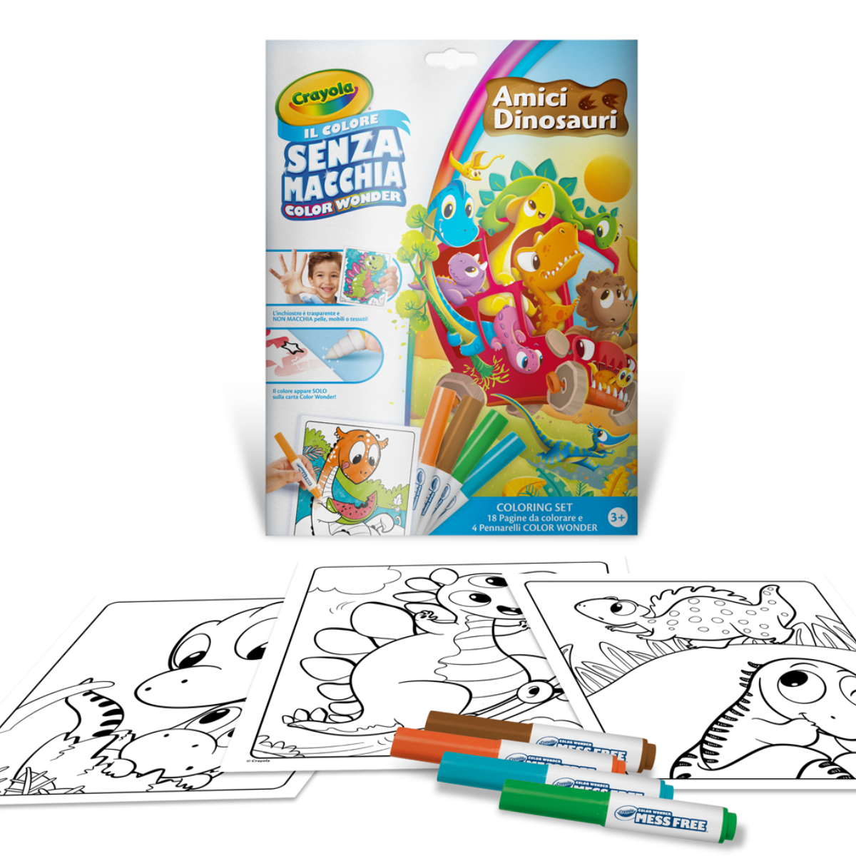 Crayola - color wonder, coloring set con 18 pagine da colorare e 4 pennarelli senza macchia, soggetto amici dinosauri, attività creativa per bambini, età 3, 4, 5 anni - CRAYOLA