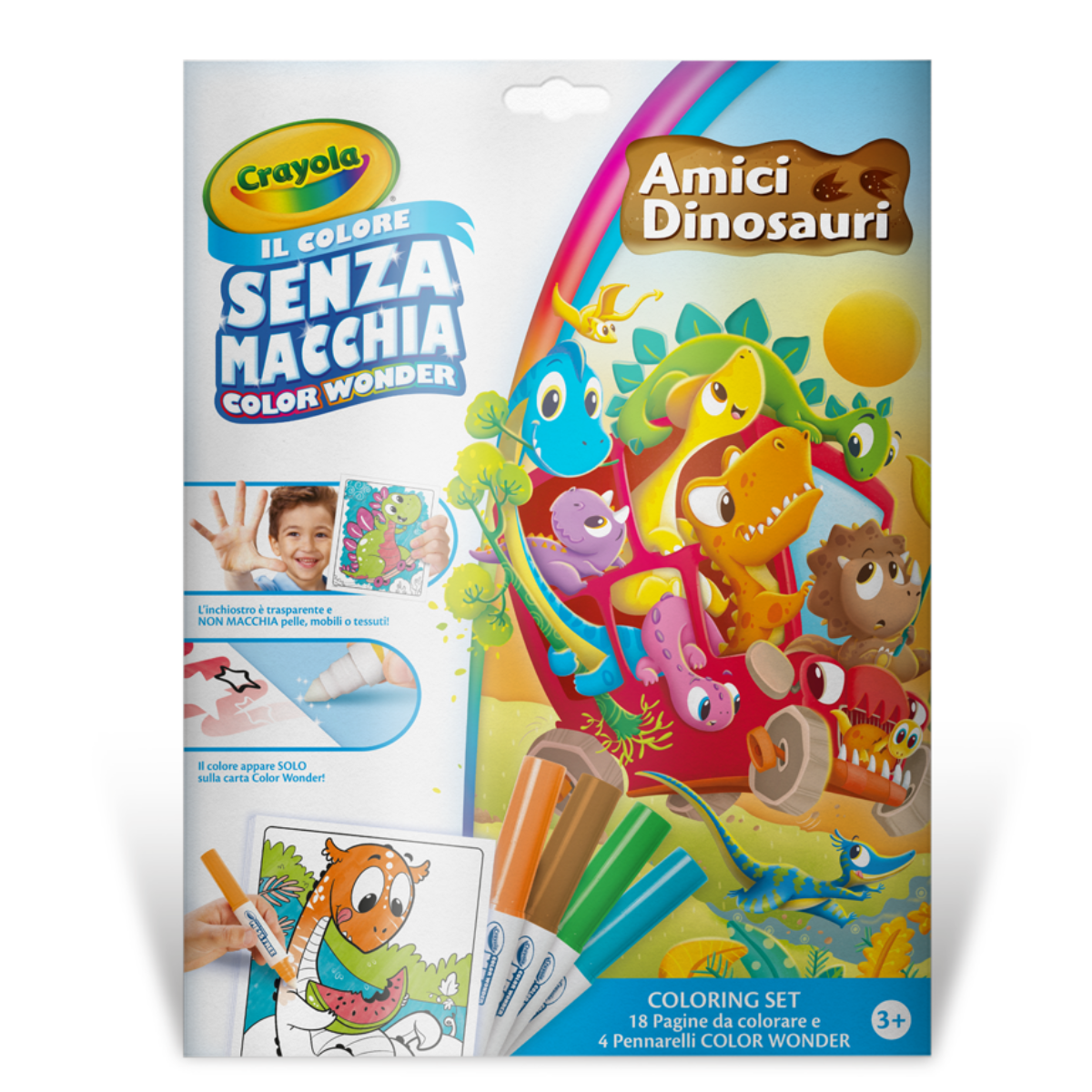 Crayola - color wonder, coloring set con 18 pagine da colorare e 4 pennarelli senza macchia, soggetto amici dinosauri, attività creativa per bambini, età 3, 4, 5 anni - CRAYOLA