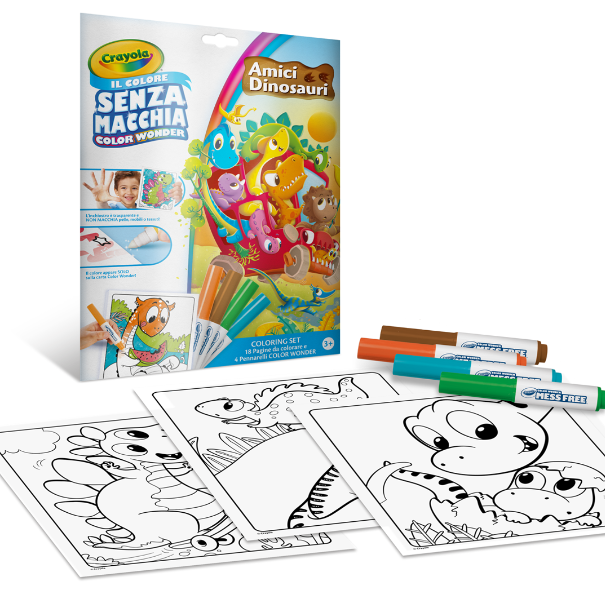 Crayola - color wonder, coloring set con 18 pagine da colorare e 4 pennarelli senza macchia, soggetto amici dinosauri, attività creativa per bambini, età 3, 4, 5 anni - CRAYOLA