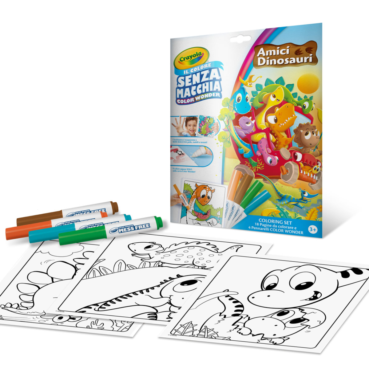 Crayola - color wonder, coloring set con 18 pagine da colorare e 4 pennarelli senza macchia, soggetto amici dinosauri, attività creativa per bambini, età 3, 4, 5 anni - CRAYOLA