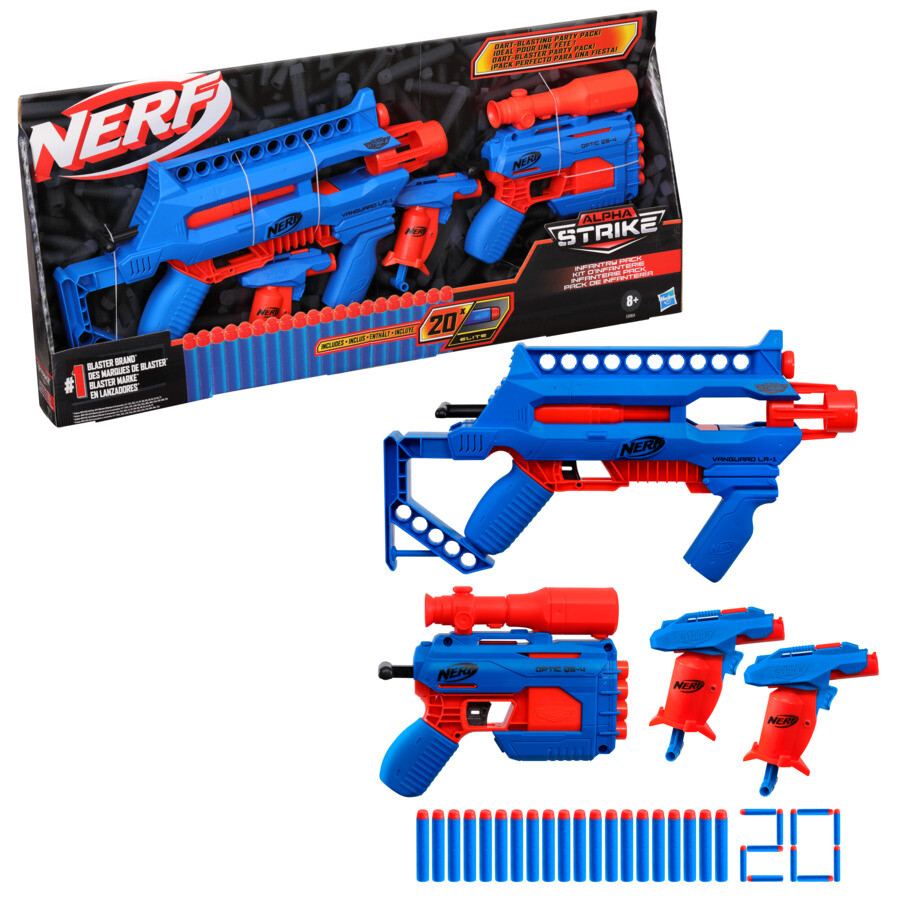Hasbro nerf alpha strike, infantry pack, contiene 4 blaster, 20 dardi originali nerf elite, semplici da caricare, armare e lanciare - NERF