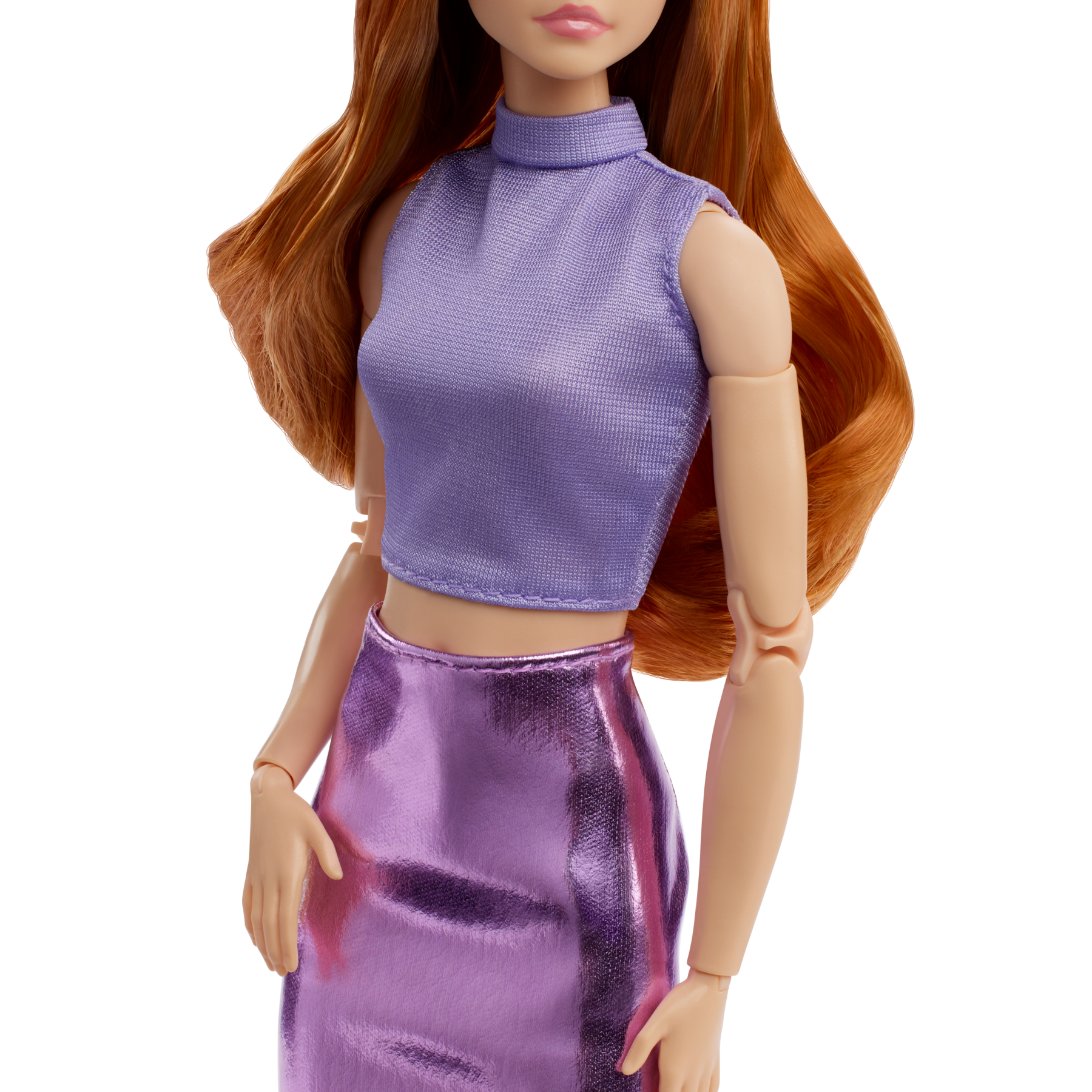 Barbie looks - bambola da collezione n. 20, barbie con capelli rossi e look moderno anni 2000, top lavanda, gonna in finta pelle e stivali al ginocchio - Barbie