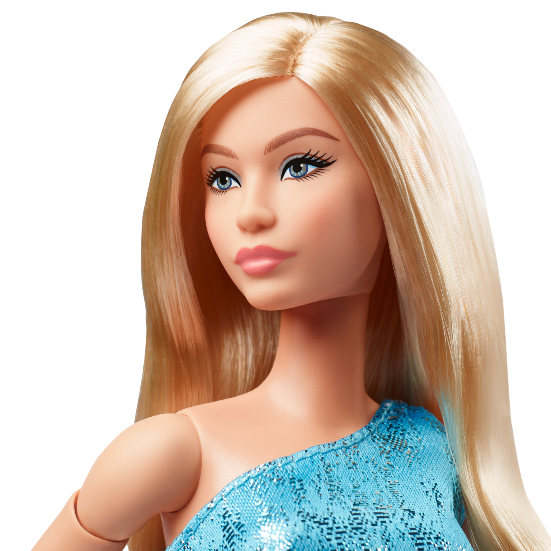 Barbie looks - bambola da collezione n. 23, barbie con capelli biondo cenere e look moderno anni 2000, abito blu monospalla e tacchi con laccetti - Barbie