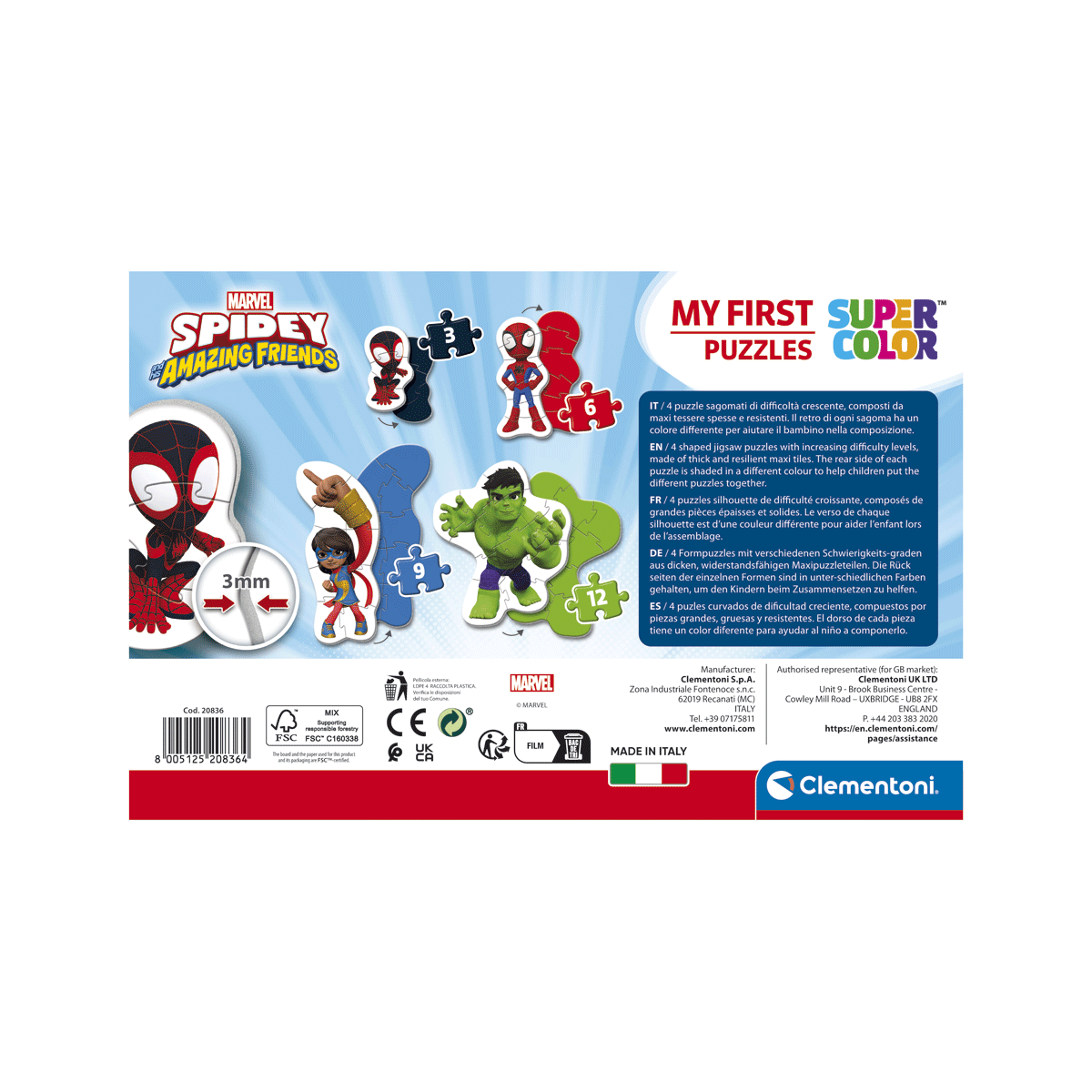 Clementoni - supercolor puzzle marvel spidey and his amazing friends - 3+6+9+12 pezzi, 20836 - CLEMENTONI