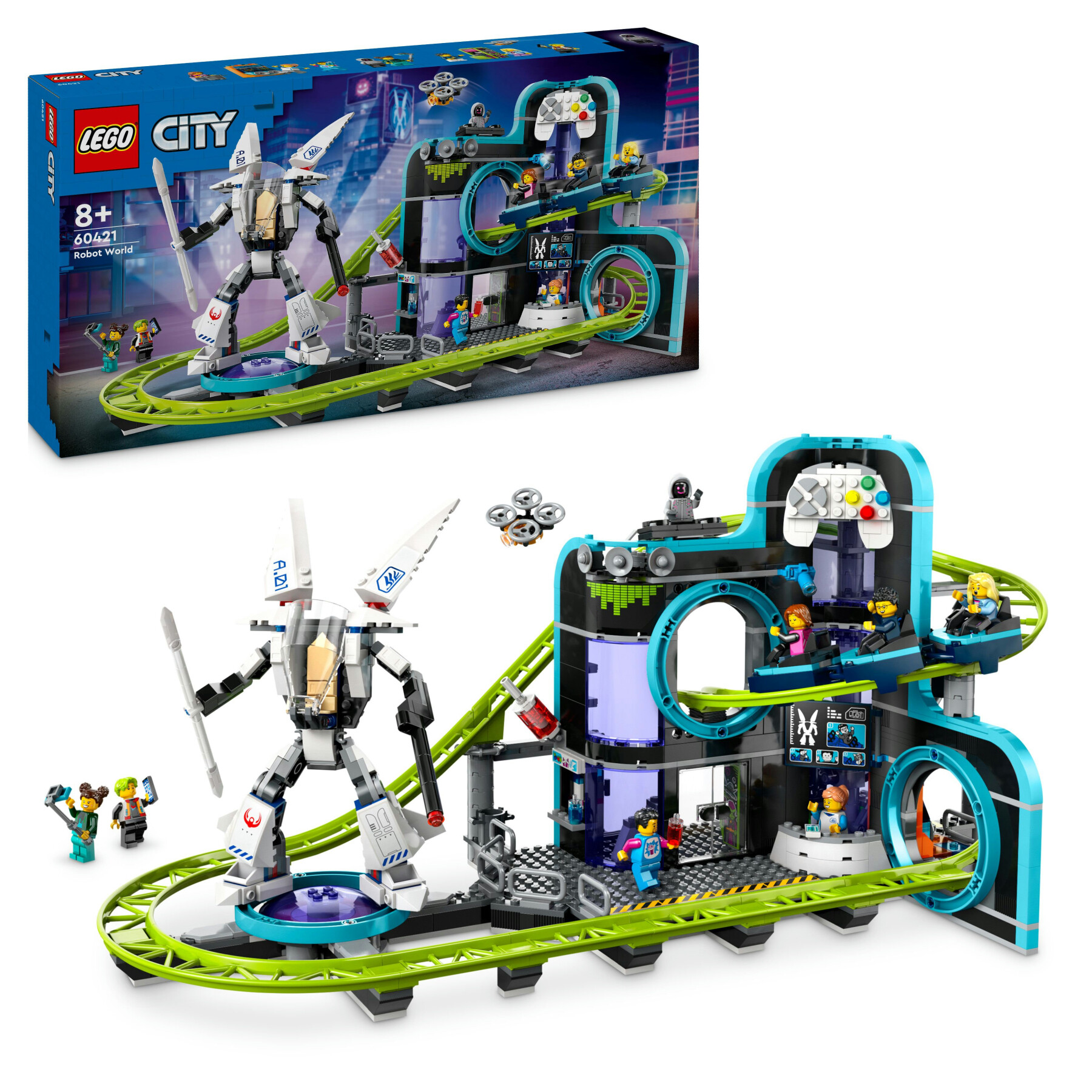 Lego city 60421 montagne russe di robot world, parco giochi per bambini 8+ anni da costruire con mech giocattolo snodabile - LEGO CITY