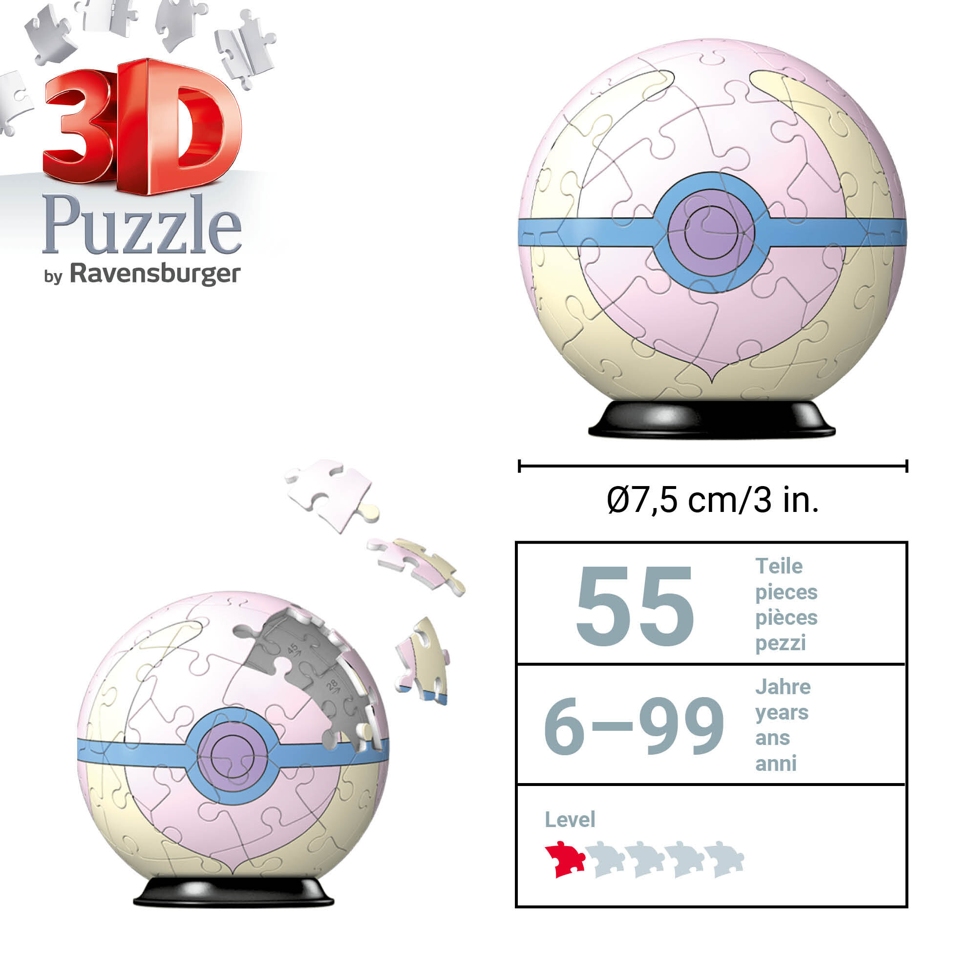 Ravensburger - 3d puzzle pokémon heal ball rosa, 54 pz, 6+ anni - POKEMON, RAVENSBURGER 3D PUZZLE