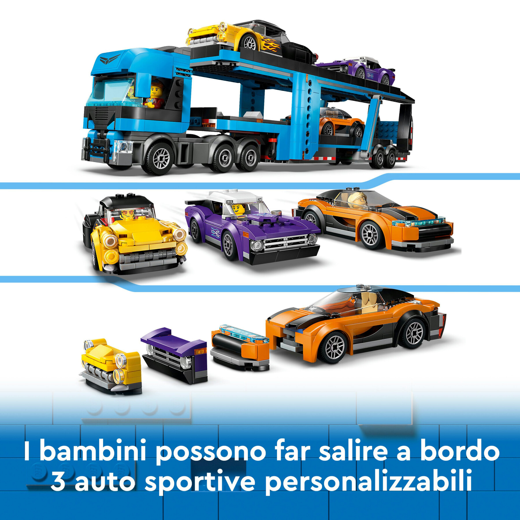 Lego city 60408 camion trasportatore con auto sportive, giochi per bambini 7+, autocarro con rimorchio e 3 modelli di macchine - LEGO CITY