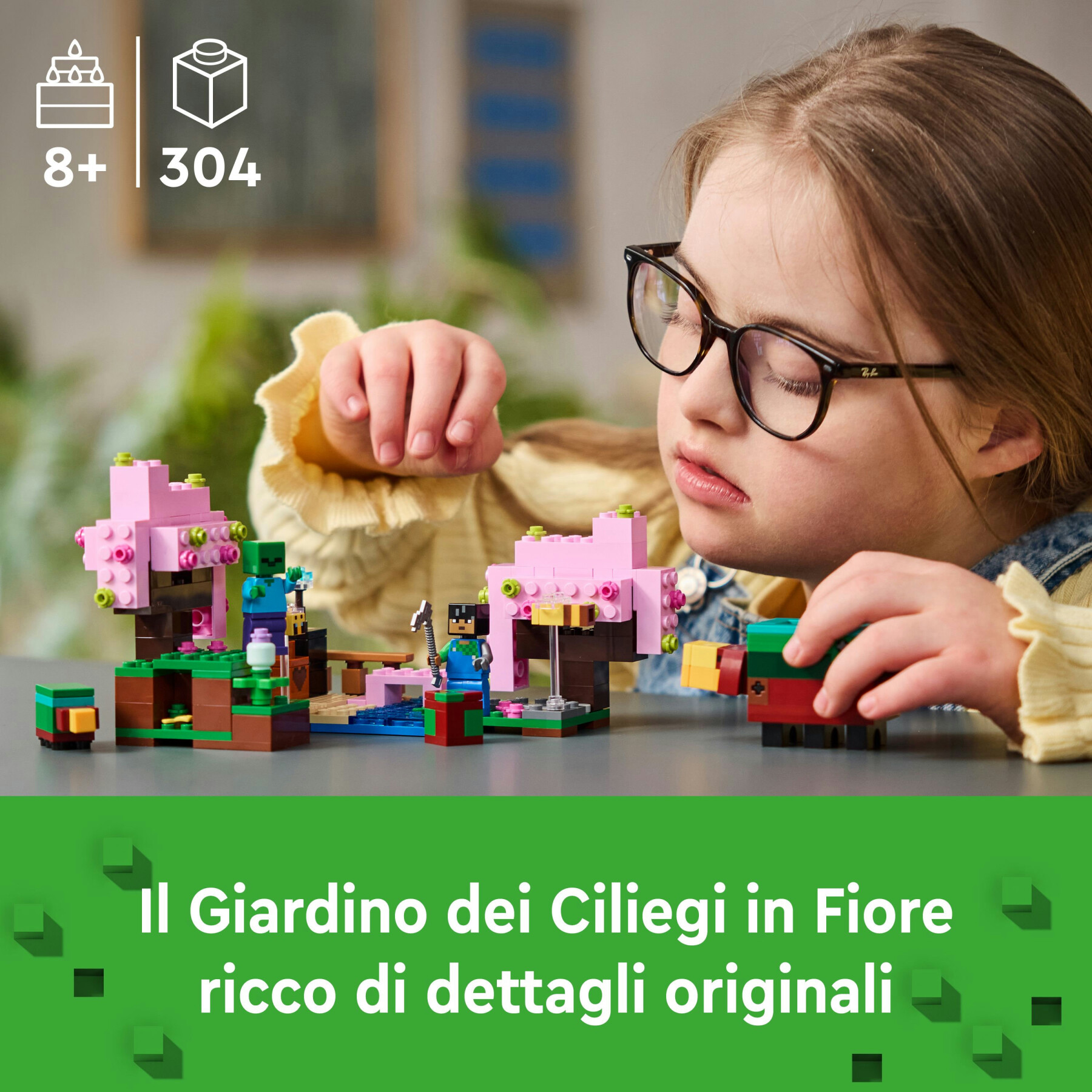 Lego minecraft 21260 il giardino del ciliegio in fiore, modello di bioma con 1 personaggio e animali, giochi per bambini 8+ - MINECRAFT