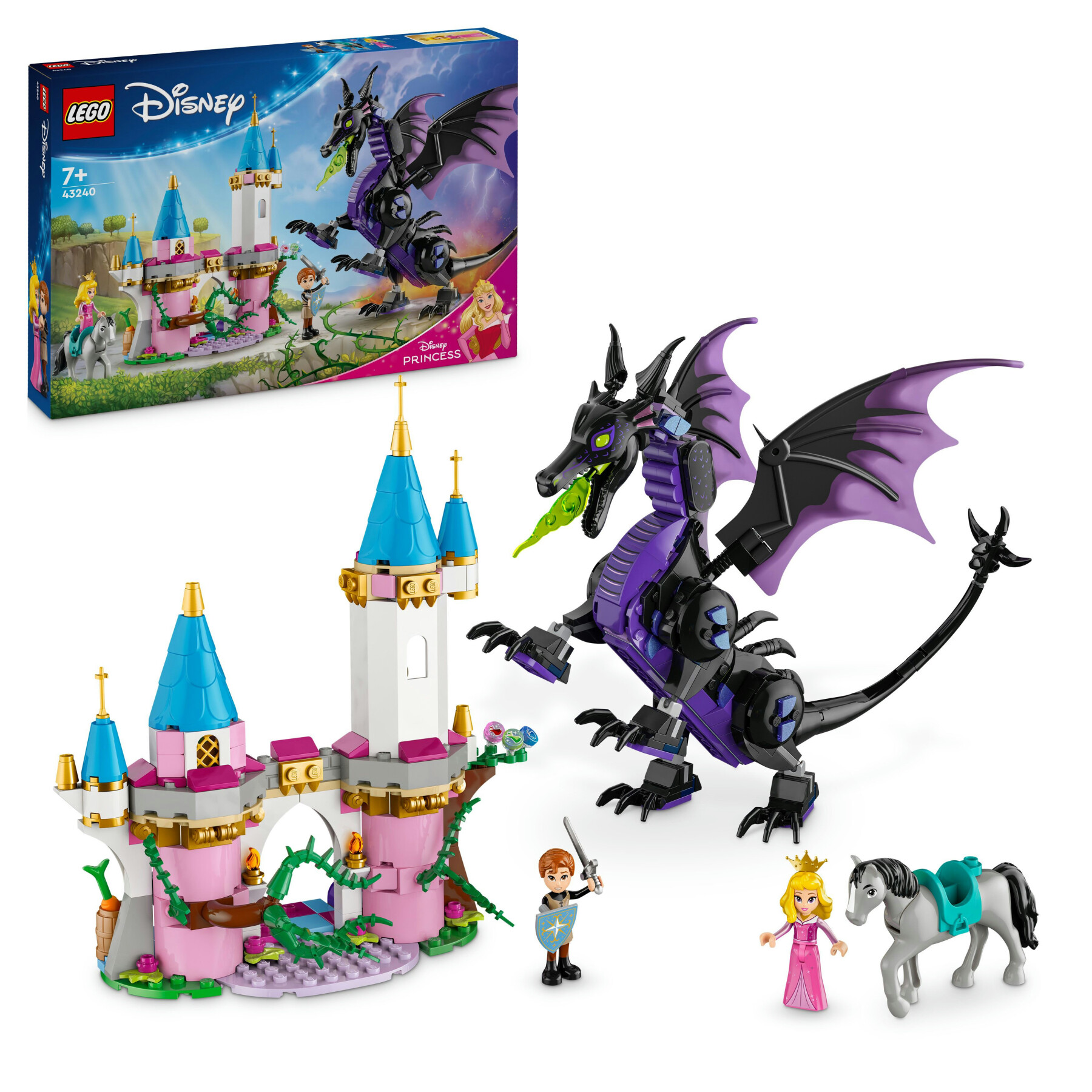 Lego disney 43240 malefica drago, parte del castello giocattolo da costruire con torri e 2 mini bamboline, giochi bambini 7+ - LEGO DISNEY PRINCESS