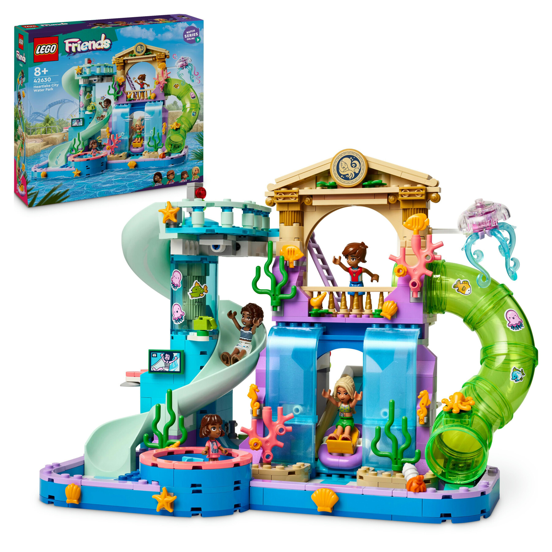 Lego friends 42630 parco acquatico di heartlake city, giochi creativi per bambini 8+ con scivoli per l'acqua e 4 personaggi - LEGO CITY