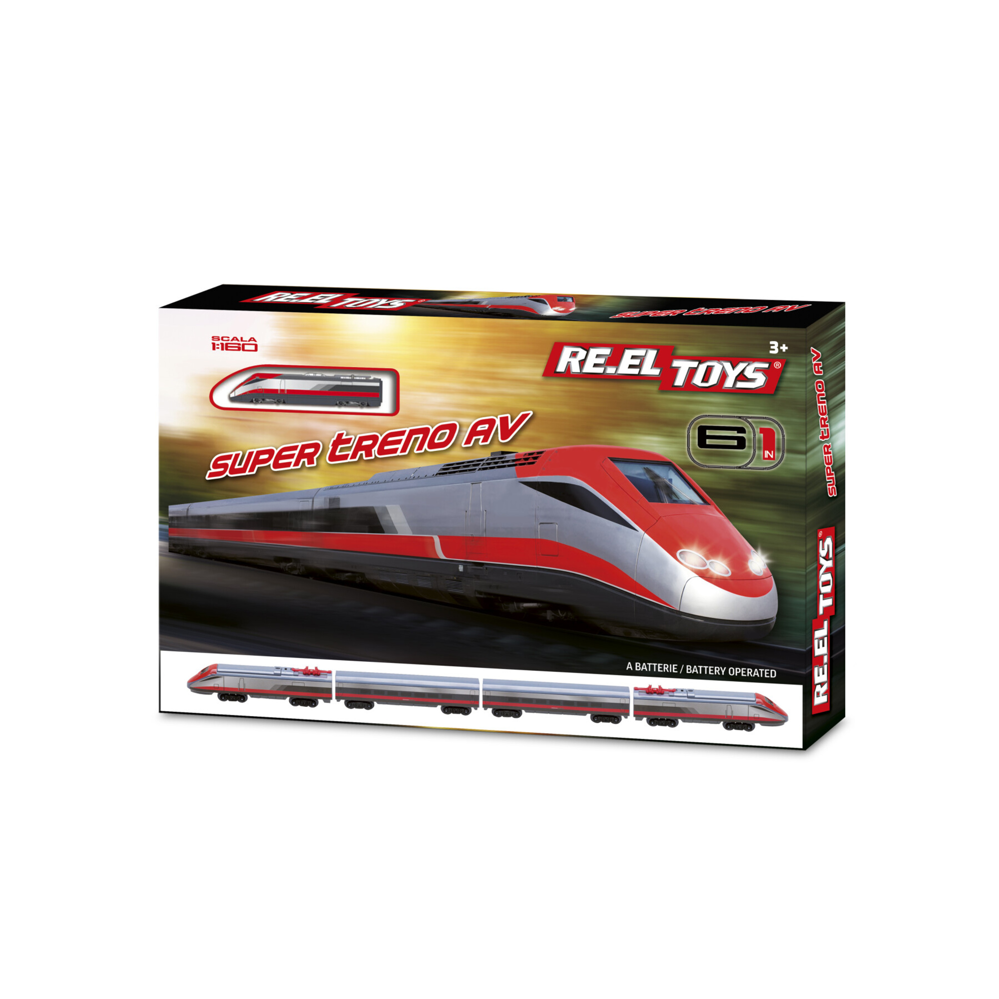 Super treno av: treno a batterie, sc.1:160. 3+, composto da 2 motrici (una sola trainante) + 2 vagoni. 6 tracciati possibili. - 