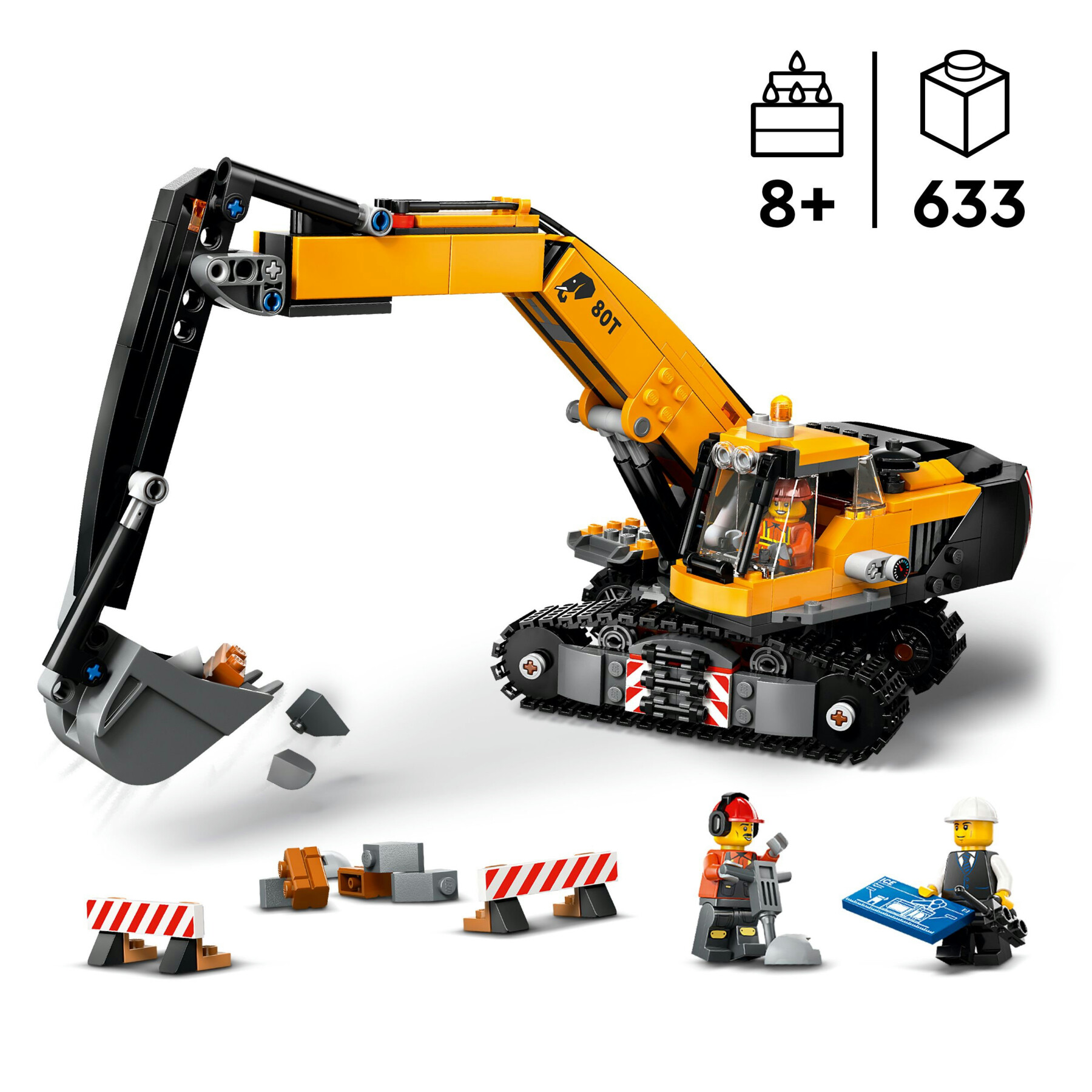 Lego city 60420 escavatore da cantiere giallo, giochi creativi per bambini 8+, veicolo giocattolo da cantiere e 3 minifigure - LEGO CITY