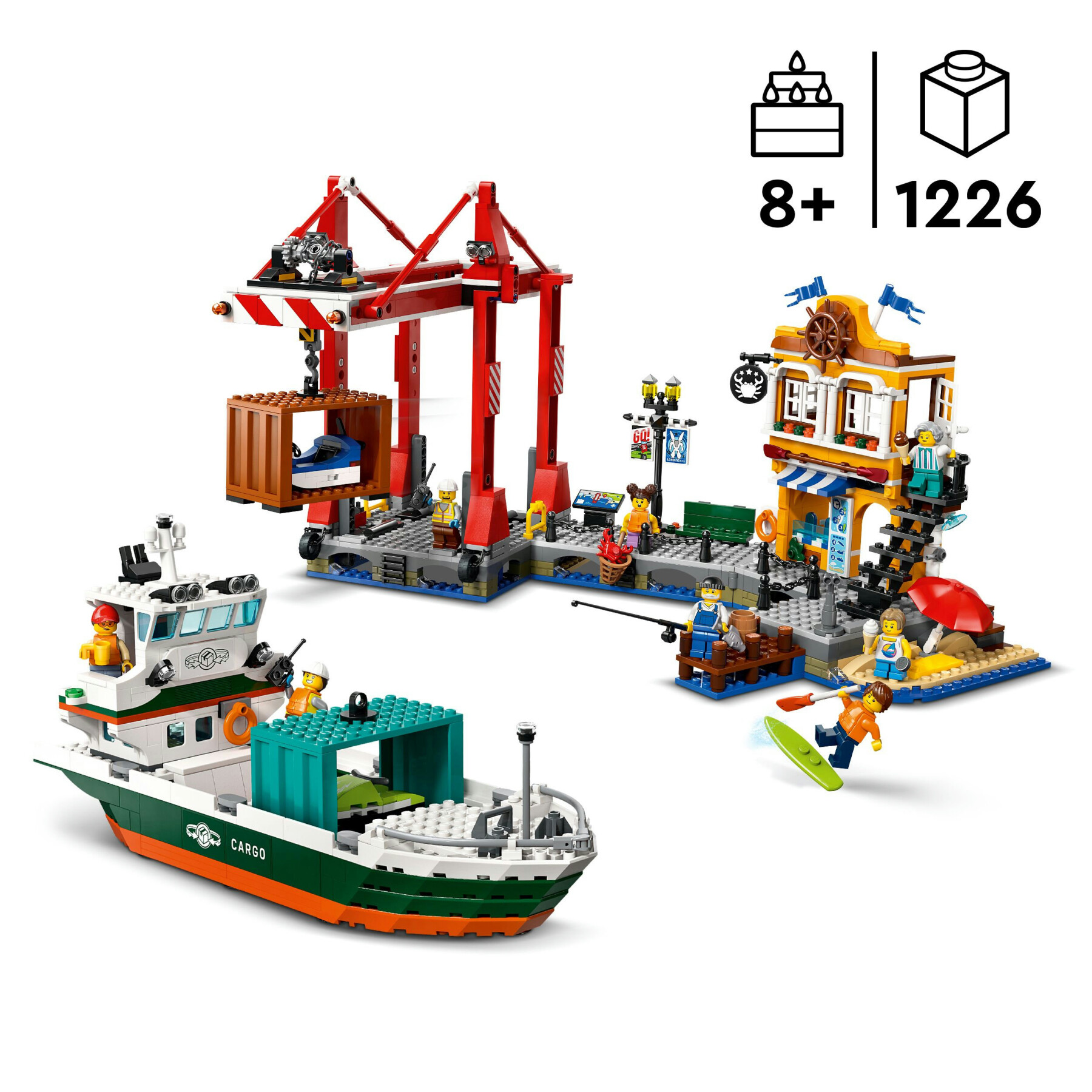 Lego city 60422 porto e nave merci, giochi per bambini 8+ con barca giocattolo, gru funzionante, moto d'acqua e 8 minifigure - LEGO CITY