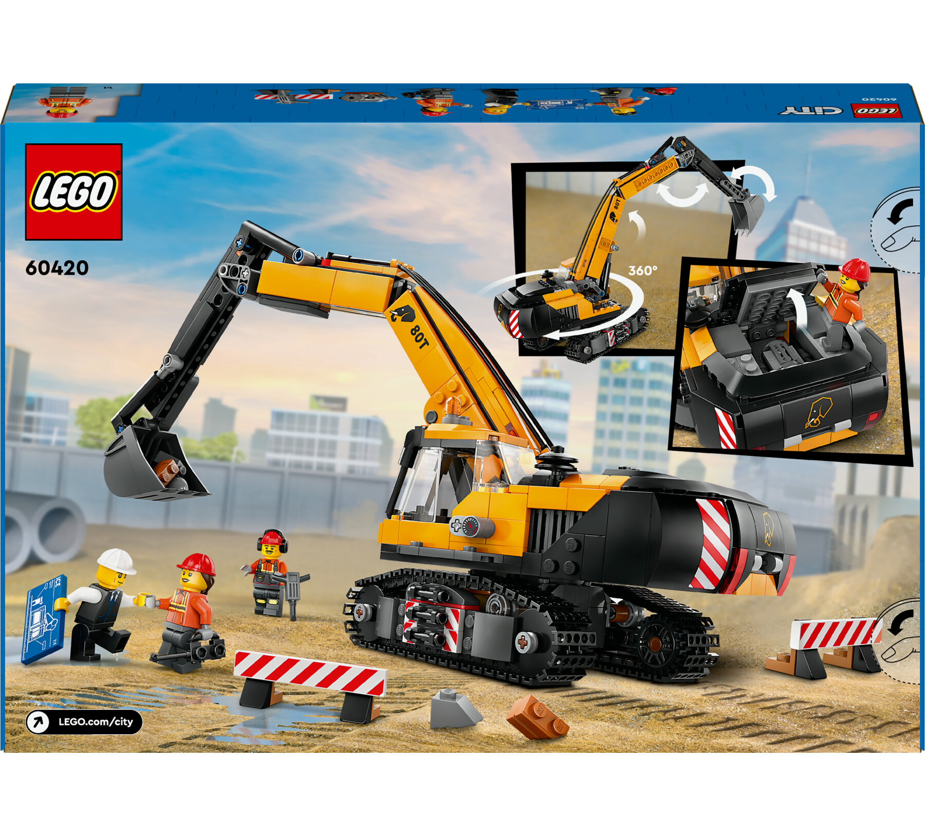 Lego city 60420 escavatore da cantiere giallo, giochi creativi per bambini 8+, veicolo giocattolo da cantiere e 3 minifigure - LEGO CITY